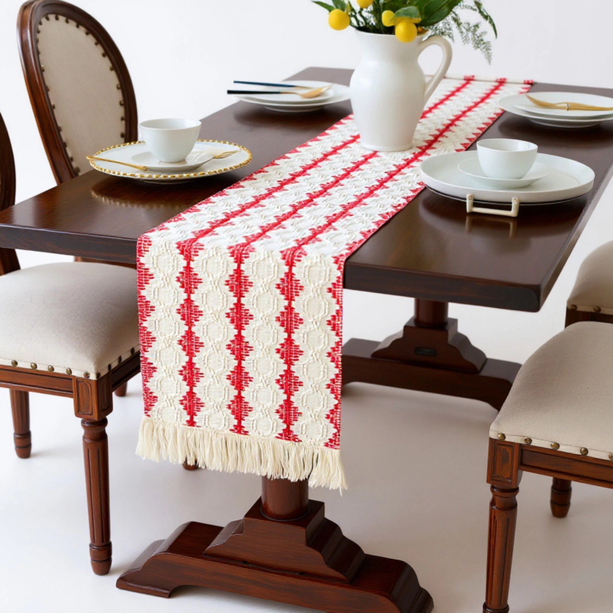 Alilang Women Woven Table Runner with Geometric Diamond Pattern and Fringe Ends