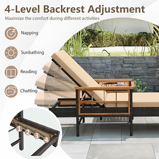 Hivvago Patio Rattan Chaise Lounge With Side Table And Adjustable Backrest