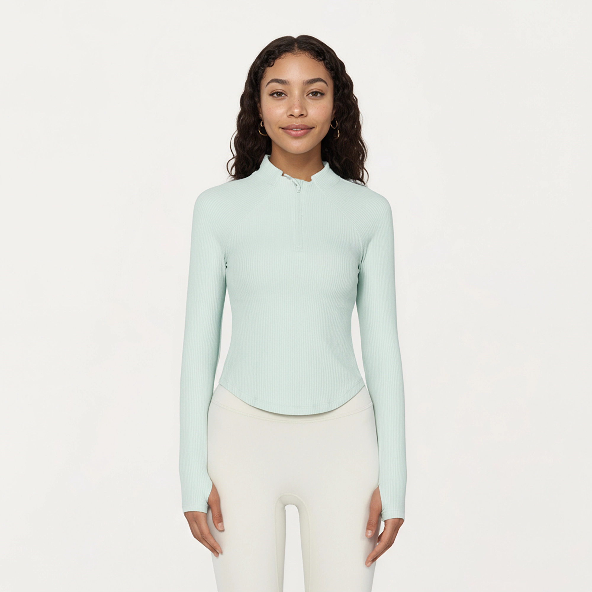 Anna-Kaci Women's Long Sleeve Ribbed Knit Half-Zip Top with Curved Hem and Fitted Silhouette