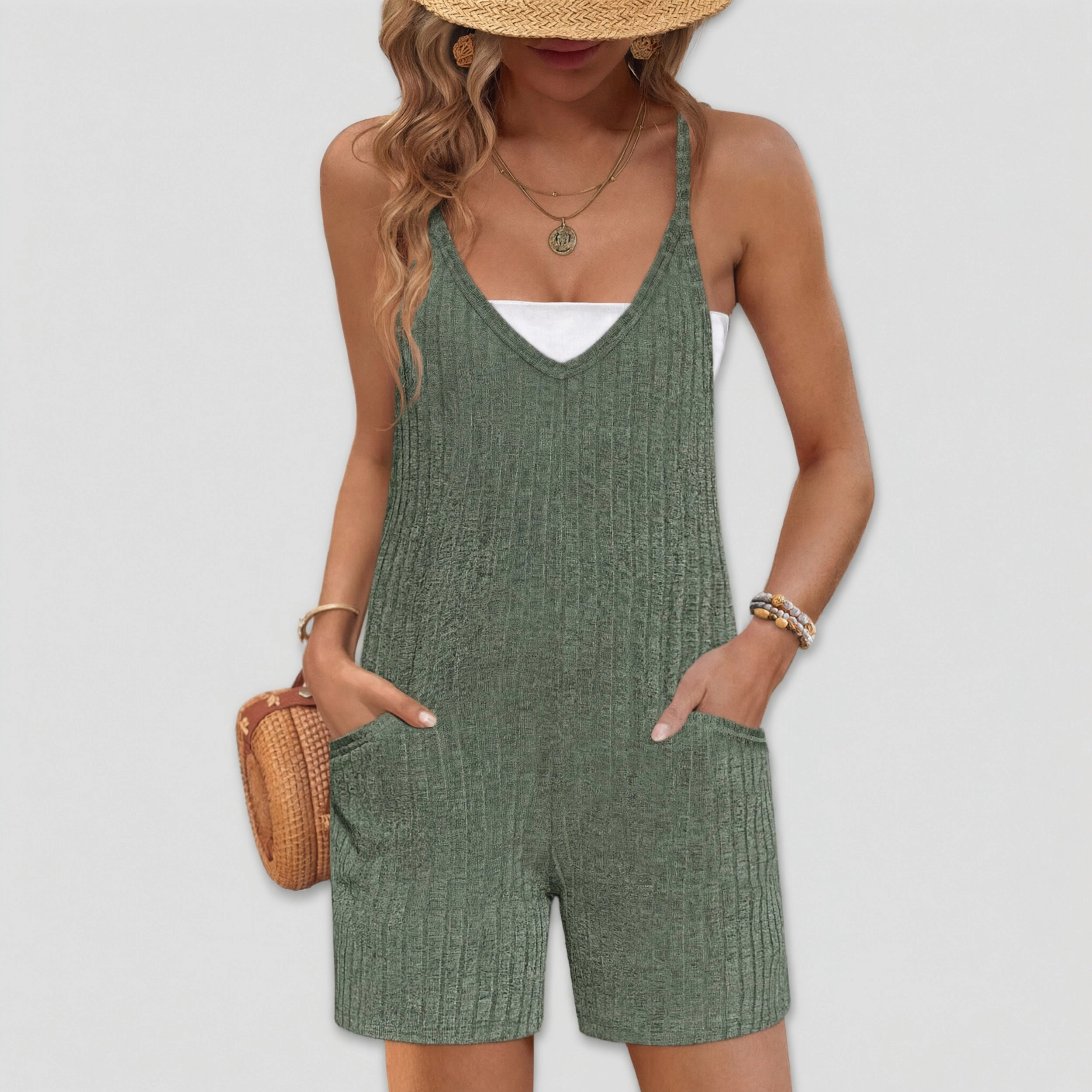 Ekouaer Women's V Neck Sleeveless Ribbed Knit Romper with Pockets