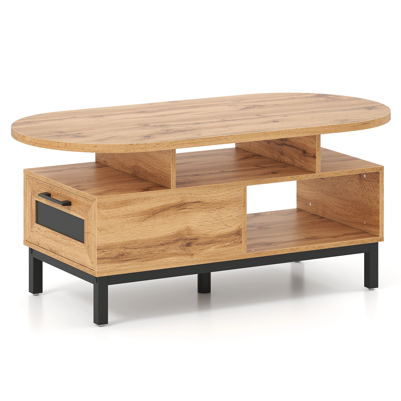 SUGIFT 47-in 110-lb Capacity Oval Wood Grain Coffee Table with Metal Slide Drawer and Open Compartments