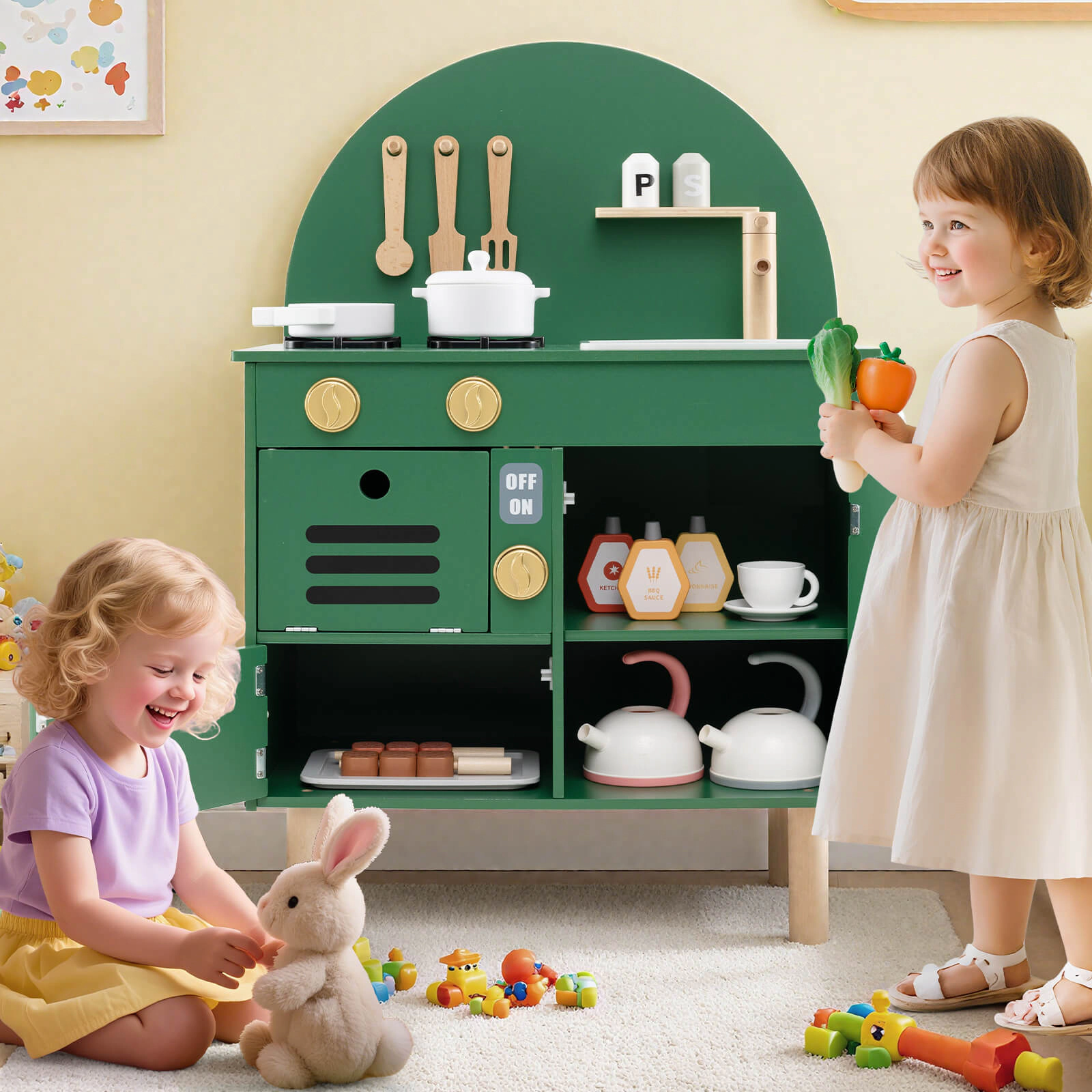 Costway Play Kitchen for Kids with Stoves Faucet Sink Microwave Oven Cooking Accessories Pink