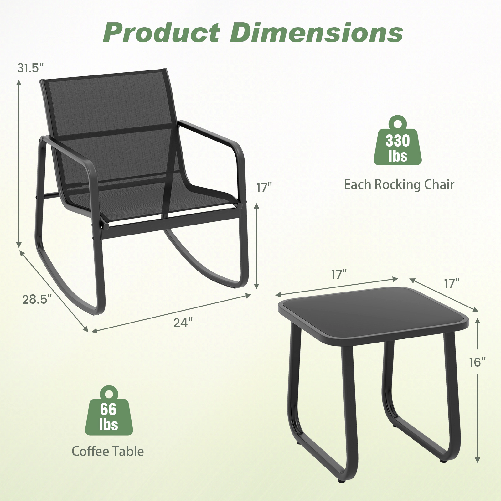 SUGIFT 2 Rocking Chairs and Glass Top Table 3-Piece Patio Bistro Set