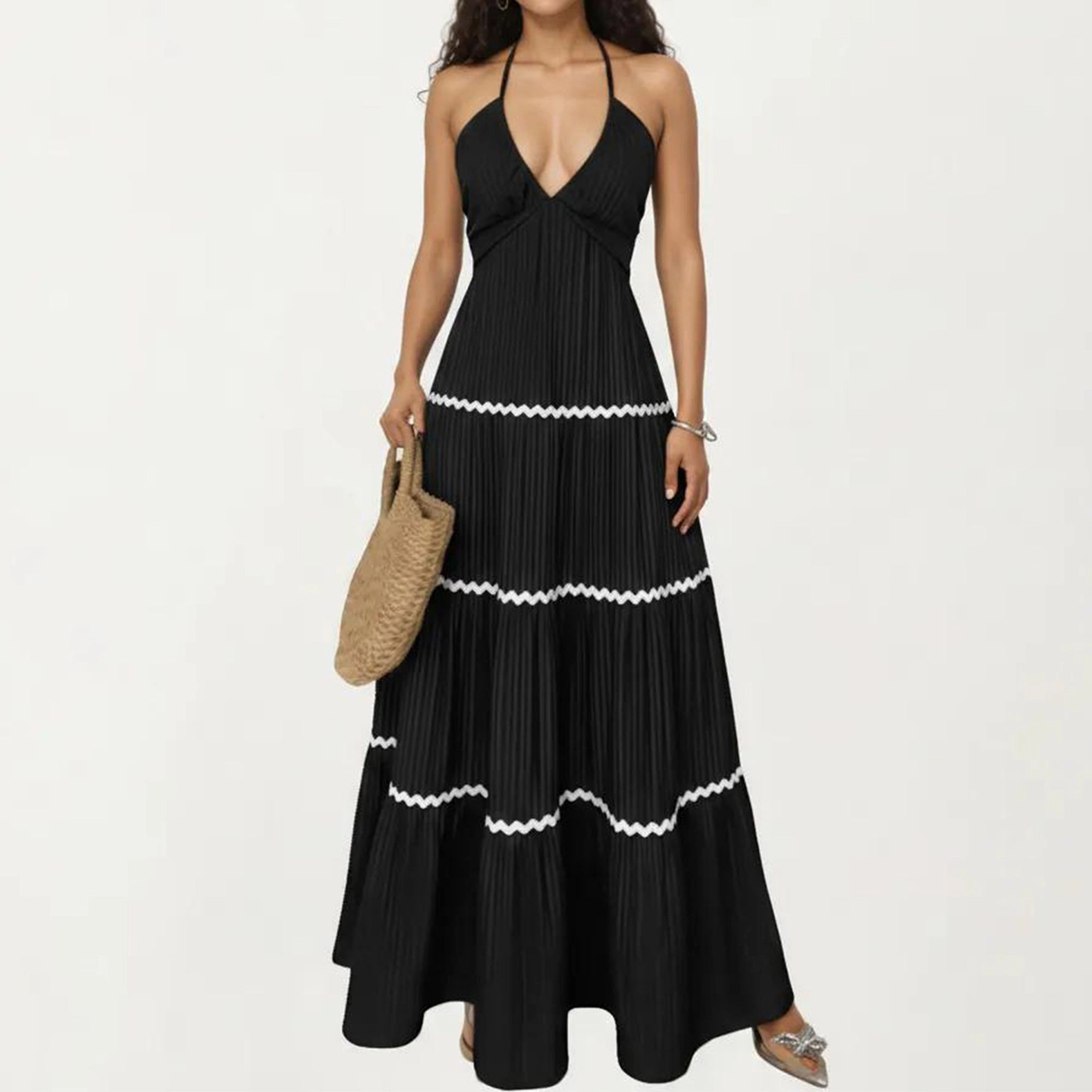 Anna-Kaci Halter Neck Pleated Maxi Dress with Tiered Trim