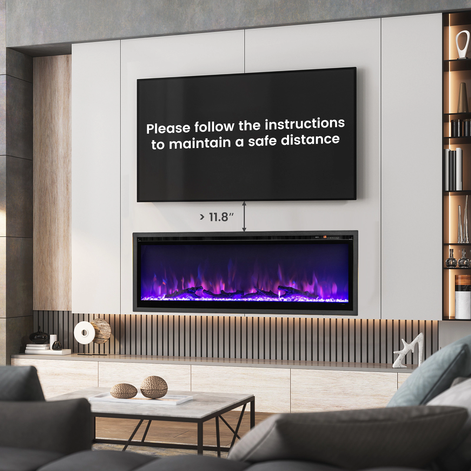 SUGIFT In-Wall Recessed Electric Fireplace with Remote Control 5000 BTU 750W/1500W Heater Black 50-in