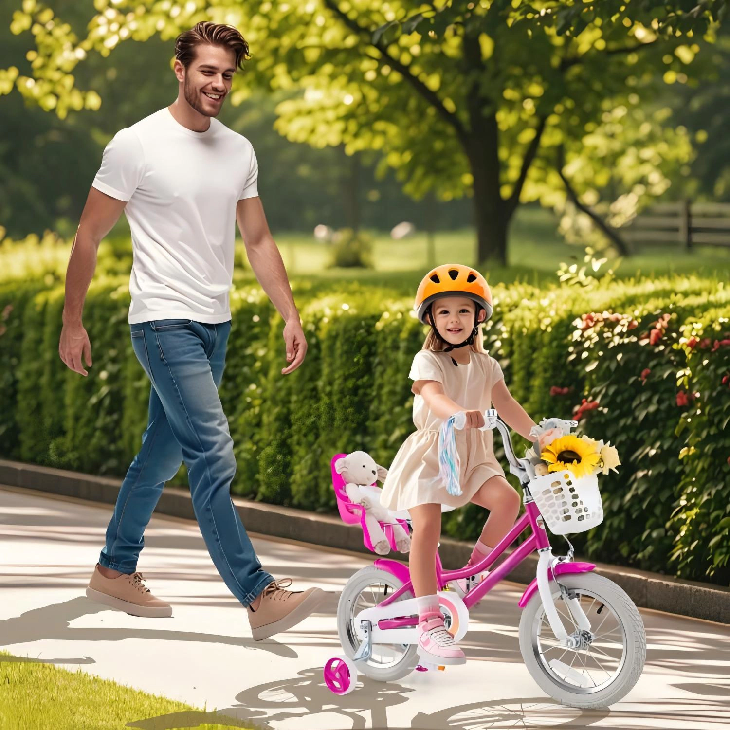 SUGIFT Rose Red Training Wheels Ribbons and Adjustable Seat Kids Bike