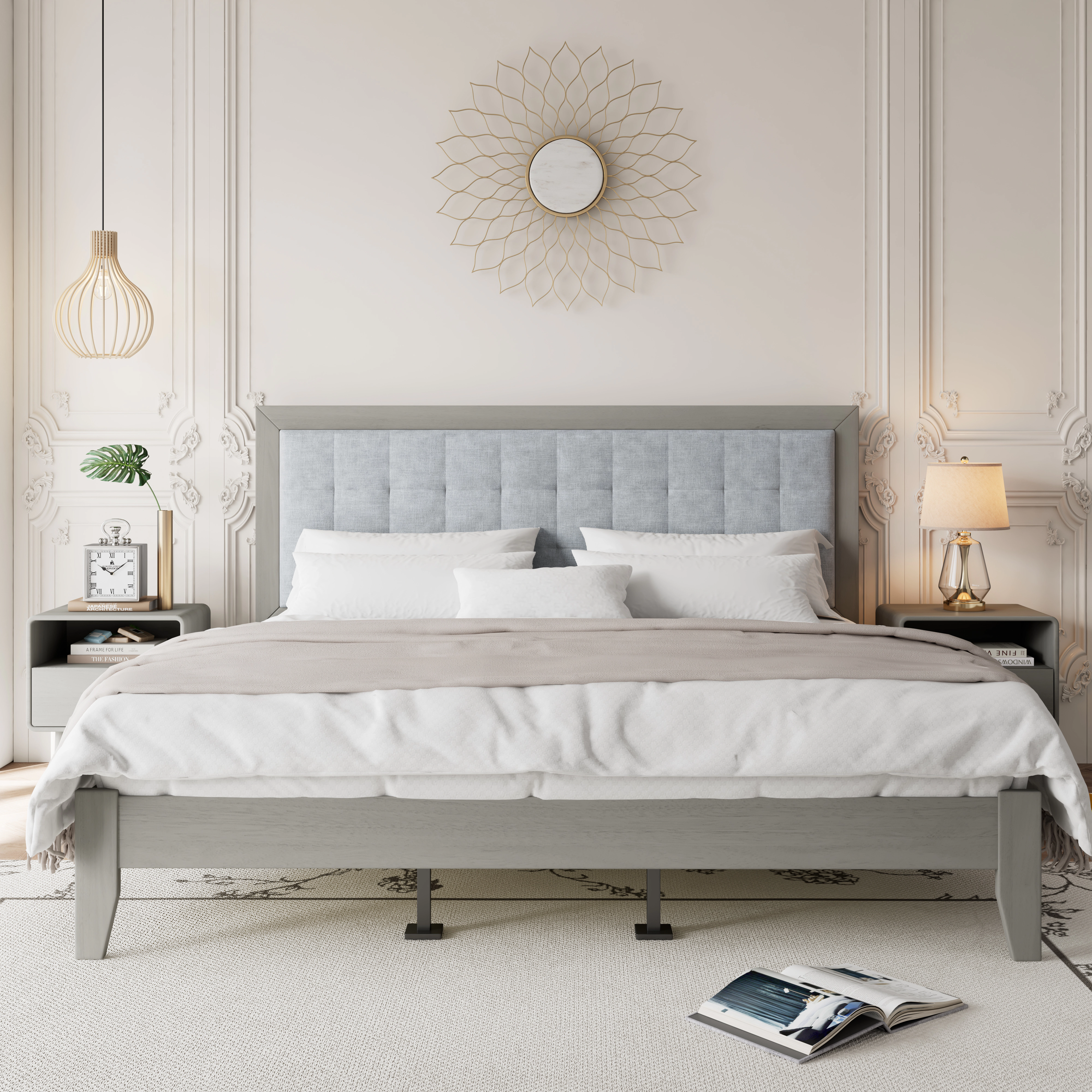 Flynama California King Solid Wood Platform Bed with Upholstered Headboard