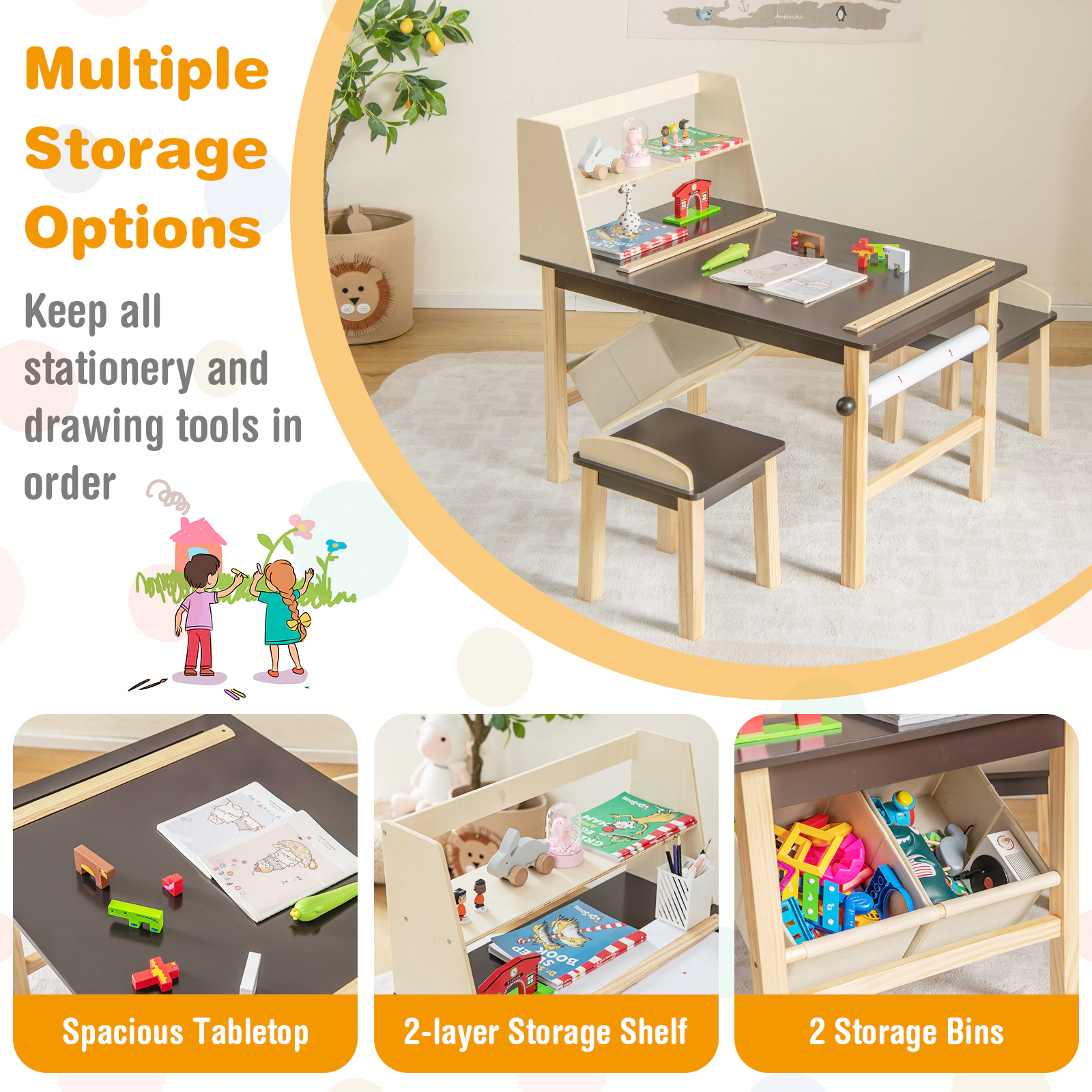 SUGIFT Kids Art Table and 2 Chairs Set Coffee with Paper Roll and Storage Bins
