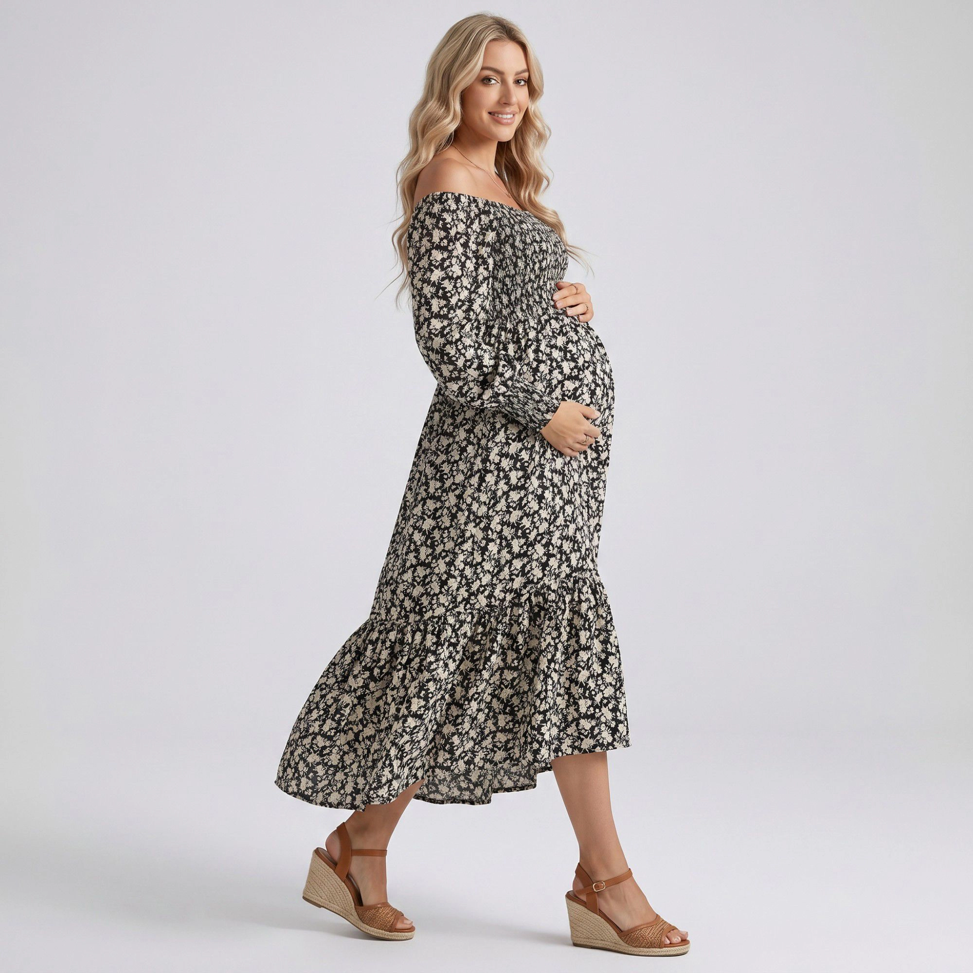 Anna-Kaci Women's Maternity Off Shoulder Floral Smocked Bodice Tiered Hem Midi Dress