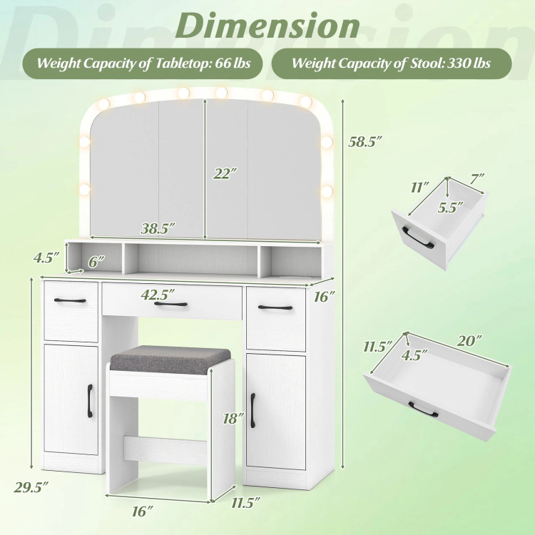Hivvago Vanity Desk Makeup Table With Stool 3-Color Lights And Charging Station