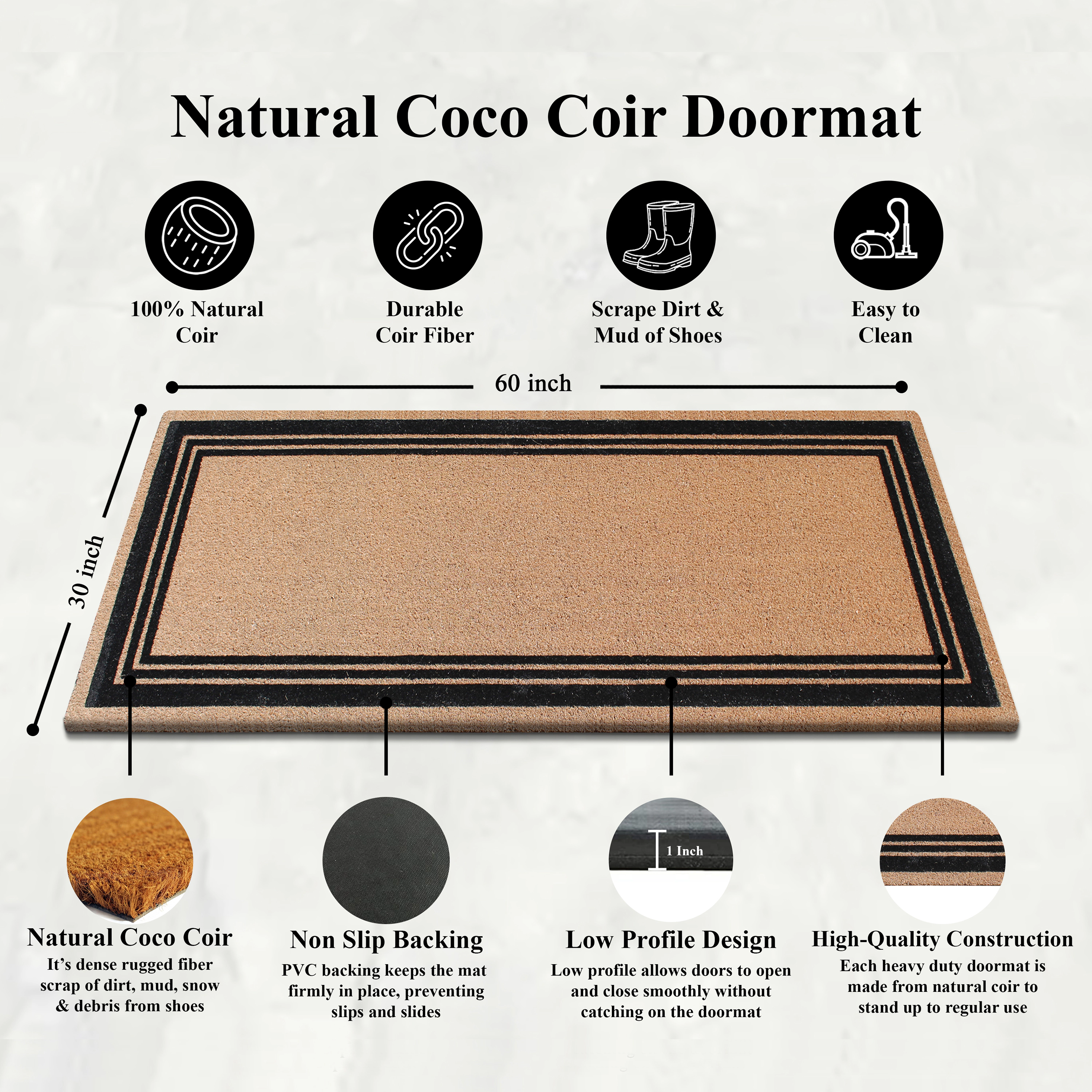 A1 Home Collections Natural Coir Flocked Doormat Anti-Shed Heavy Duty Outdoor Front Door Mat 24 x 57 In