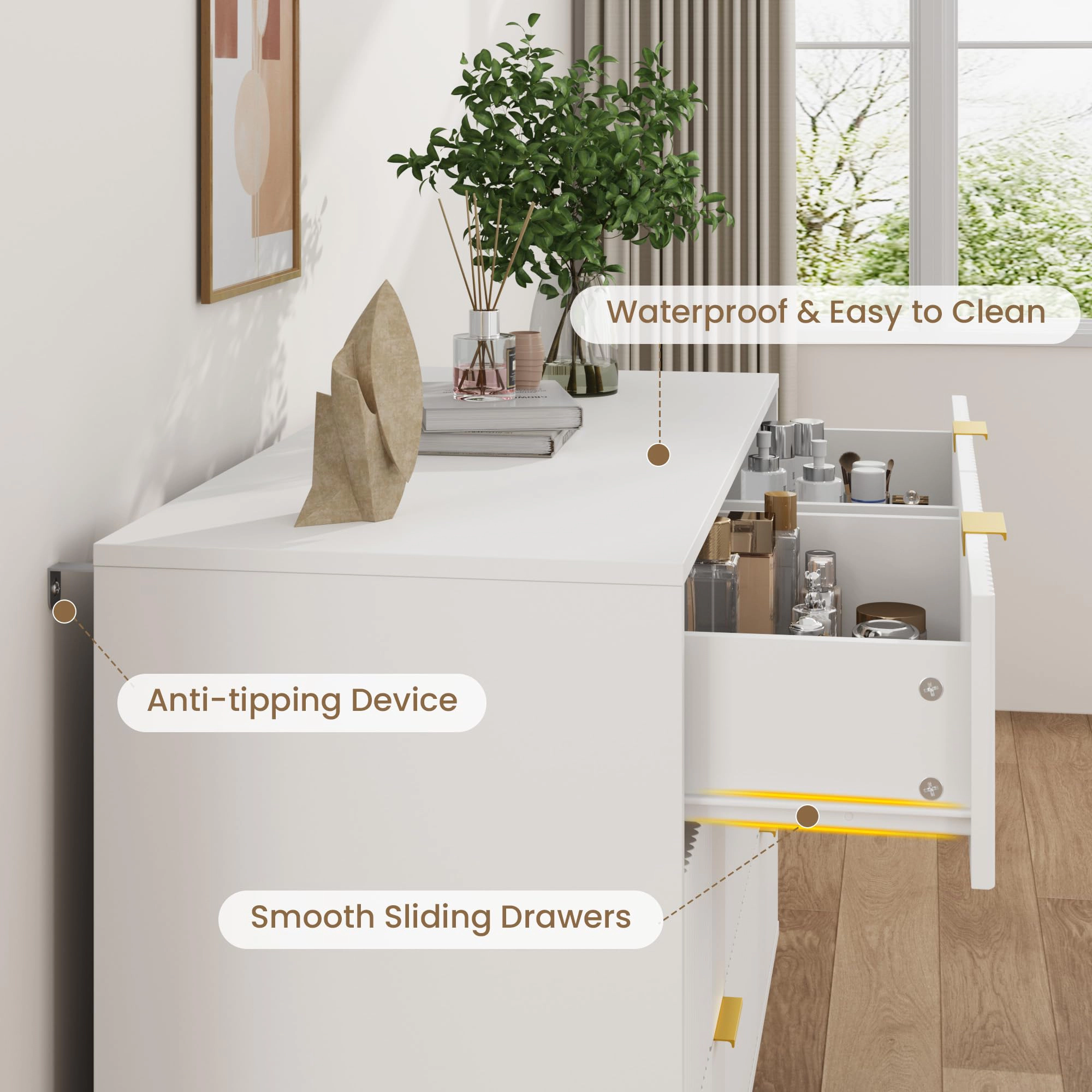 39.4" Fluted 6 Drawer Dresser with Metal Handles, Modern Wood Storage Chest for Bedroom