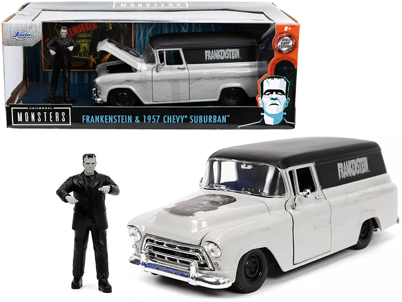 Jada 1957 Chevrolet Suburban Gray and Black with Graphics and Frankenstein Diecast Figurine "Universal