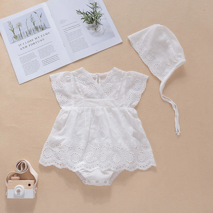 MyKids-USA Baby Girls Solid Color Hollow Design V Collar Sleeveless bodysuit Dress In Summer With Hat