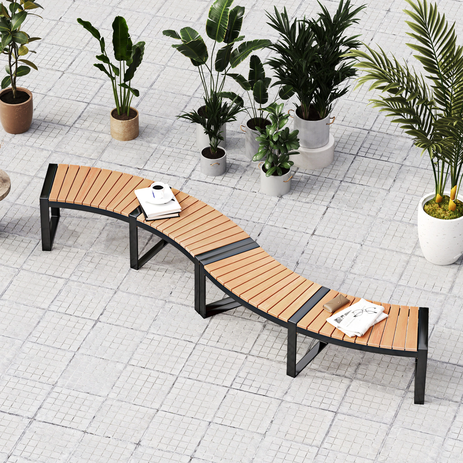 SUGIFT Curved Patio Bench with Slatted Acacia Wood Seat and Metal Legs 800-lb Capacity Yellow Black