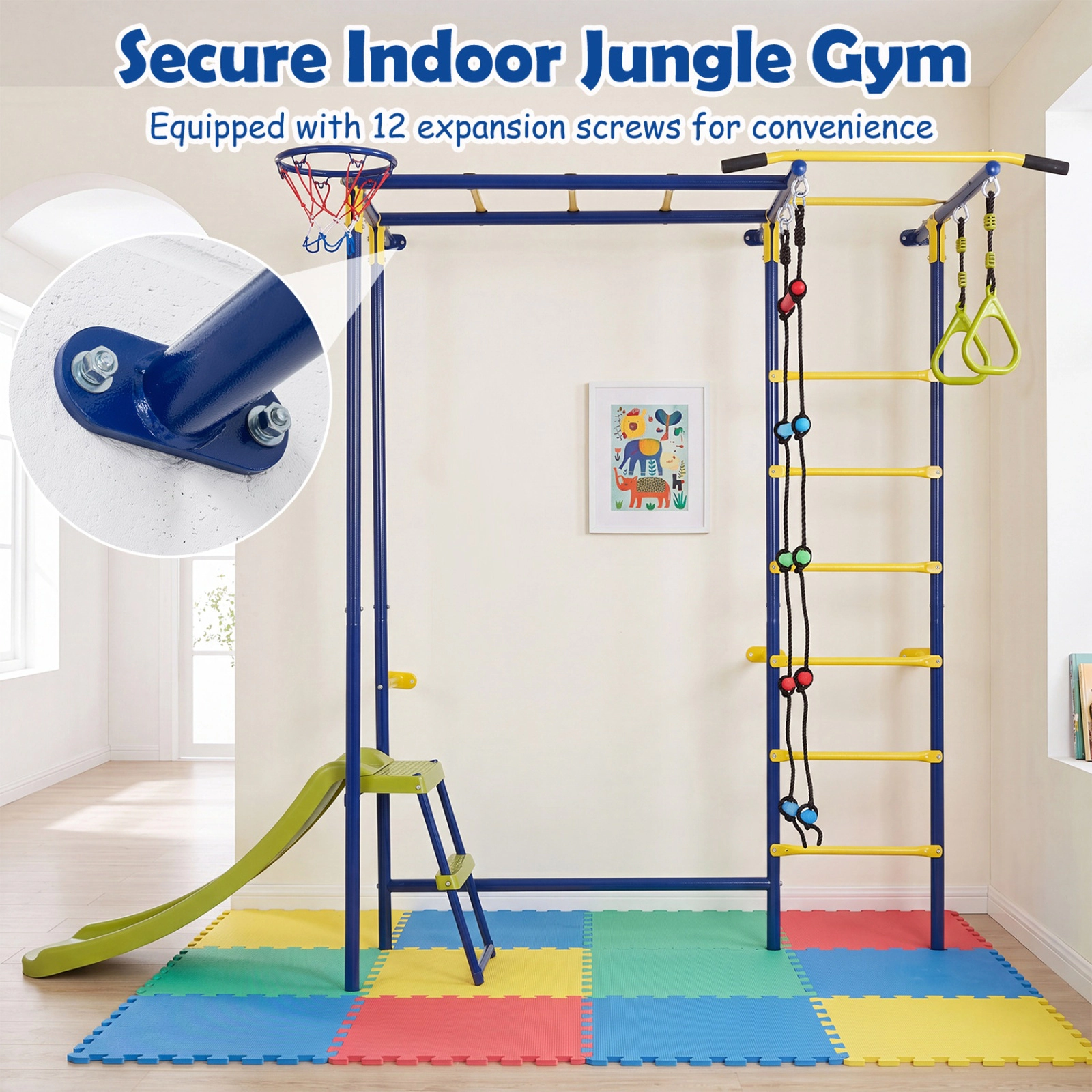 SUGIFT 7-in-1 Wall-Mounted Ladder Climber Playset with Monkey Bars Slide Rings and Rope Ladder Green Blue Yellow Red
