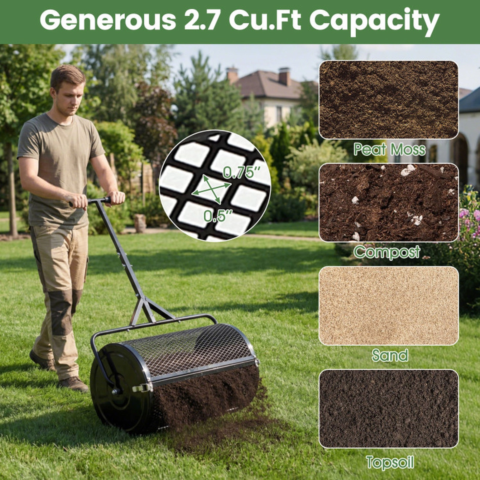 SUGIFT 2.7 Cu.ft Compost Spreader Peat Moss Spreader Roller with Height-Adjustable T-Shaped Handle Black/Green/Orange