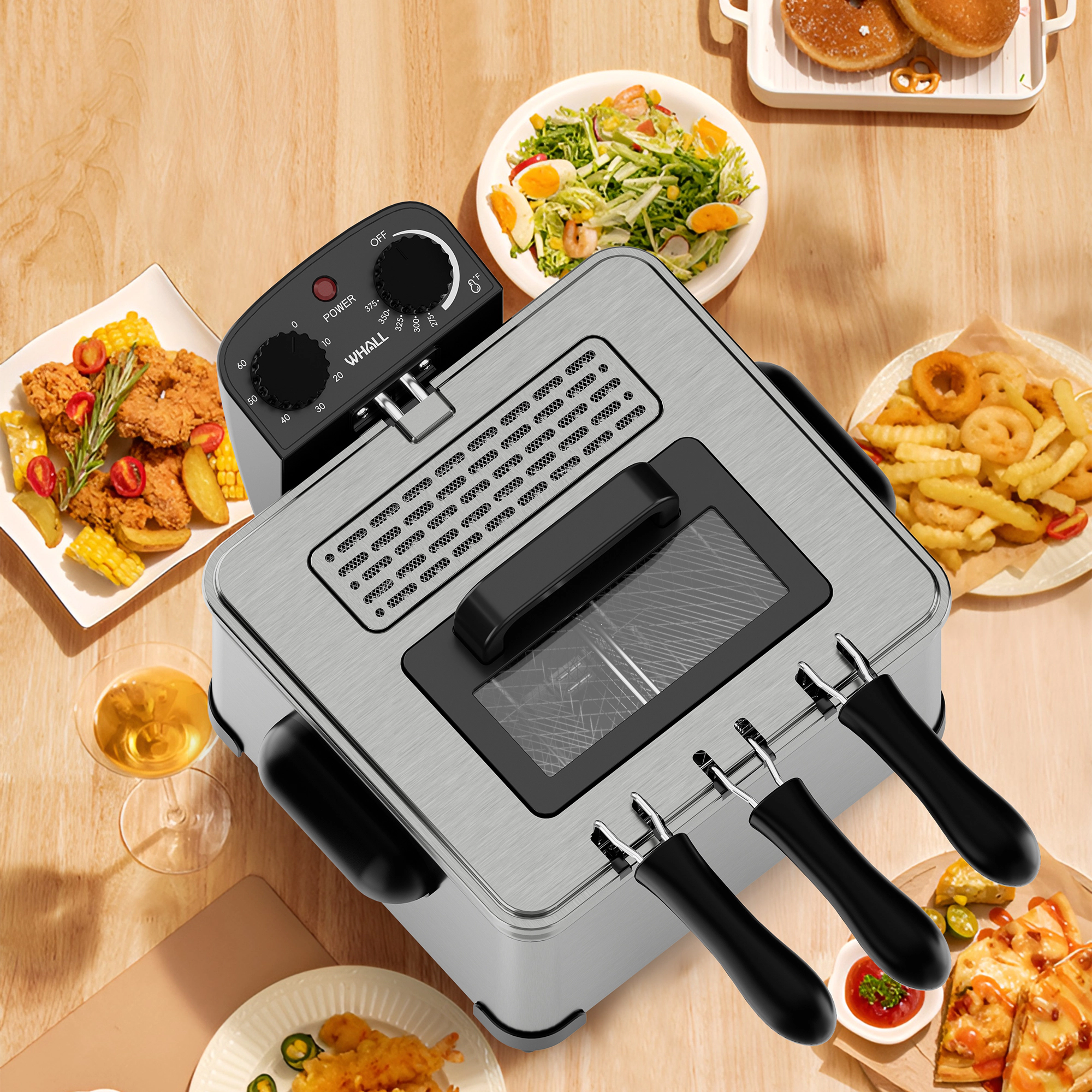 WHALL - 5.3QT Electric Deep Fryer, 1700W Electric Oil Fryer, Triple Baskets, Adjustable Temp,View Window