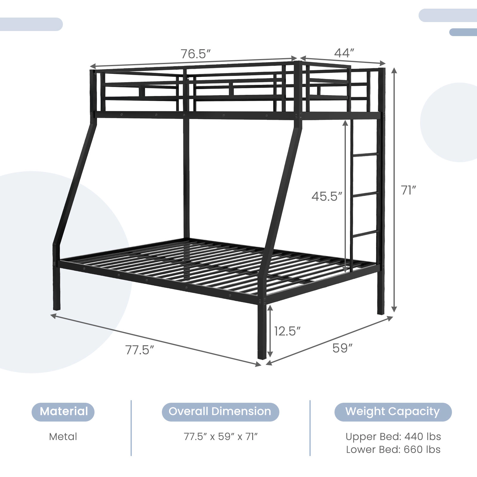 SUGIFT Space-Saving Twin-Over-Full Metal Slatted Bunk Bed Frame 440/660-Lb Capacity No Box Spring Needed Black/White