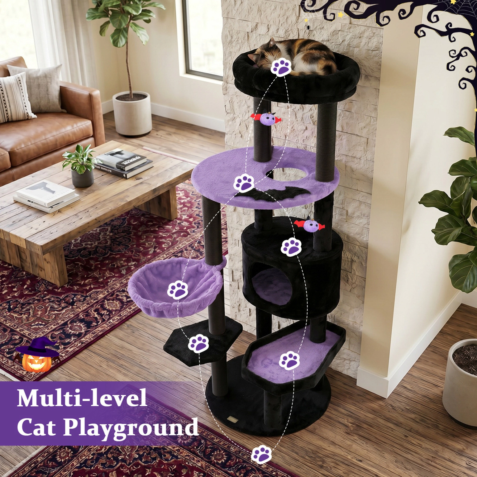 SUGIFT 60 in Gothic Cat Tower Purple with Coffin Bed Plush Perch and Spider Hanging Toys