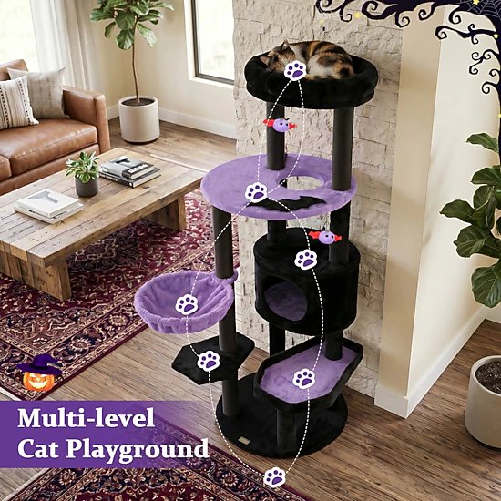 SUGIFT 60-in H Gothic Cat Tree with Coffin Bed Plush Perch and Spider ...