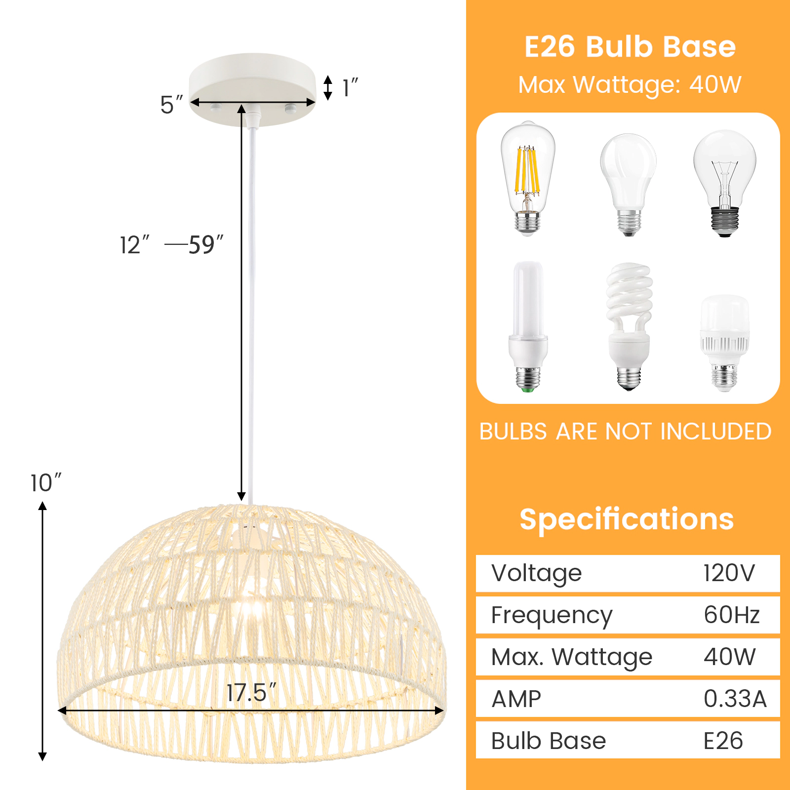 SUGIFT Hand-Woven Paper Farmhouse Pendant Light 17.5 x 10-in Lampshade 12-59-in Adjustable Rope E26 40W Max Beige