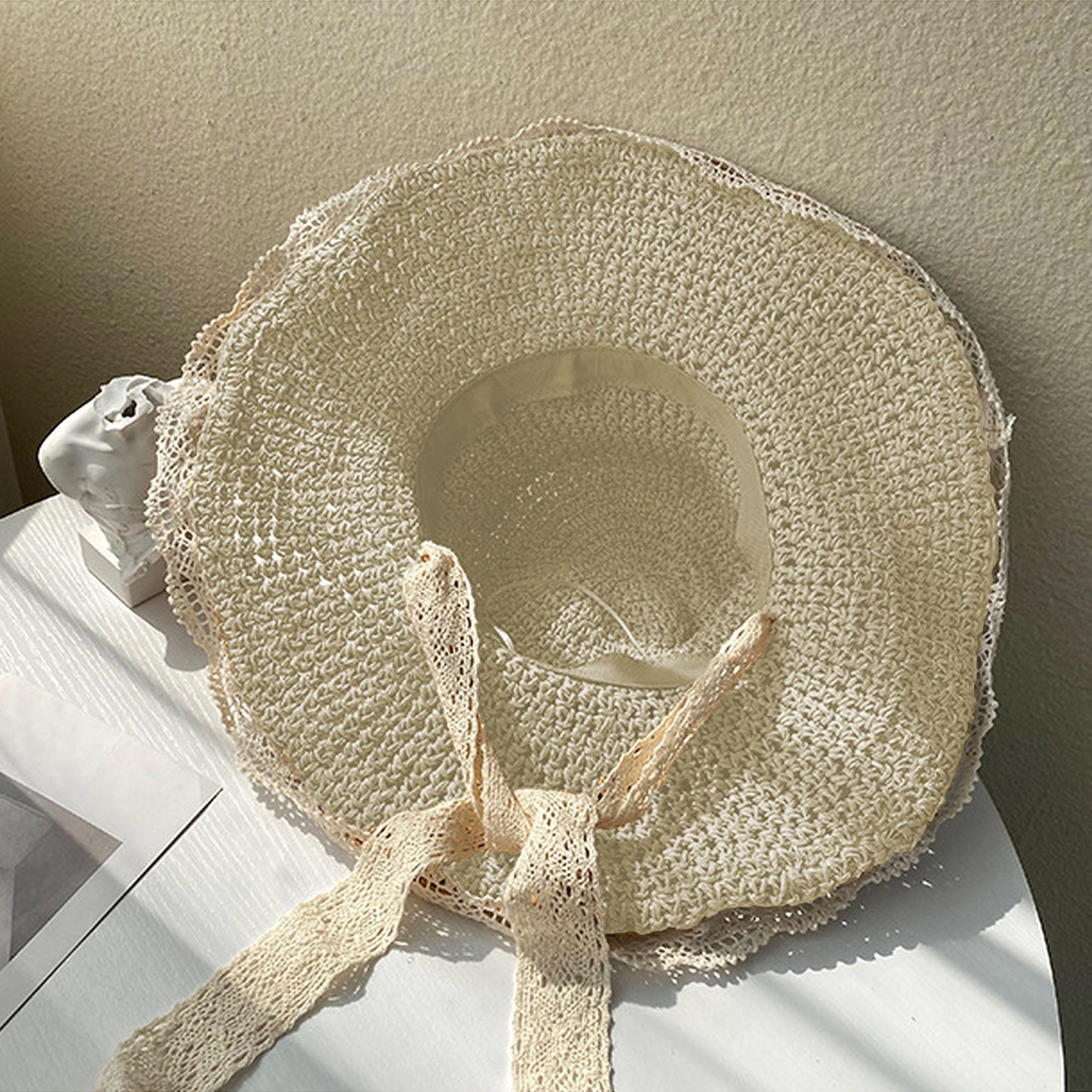 Anna-Kaci Women's Crochet Straw Sun Hat with Lace Trim & Bow