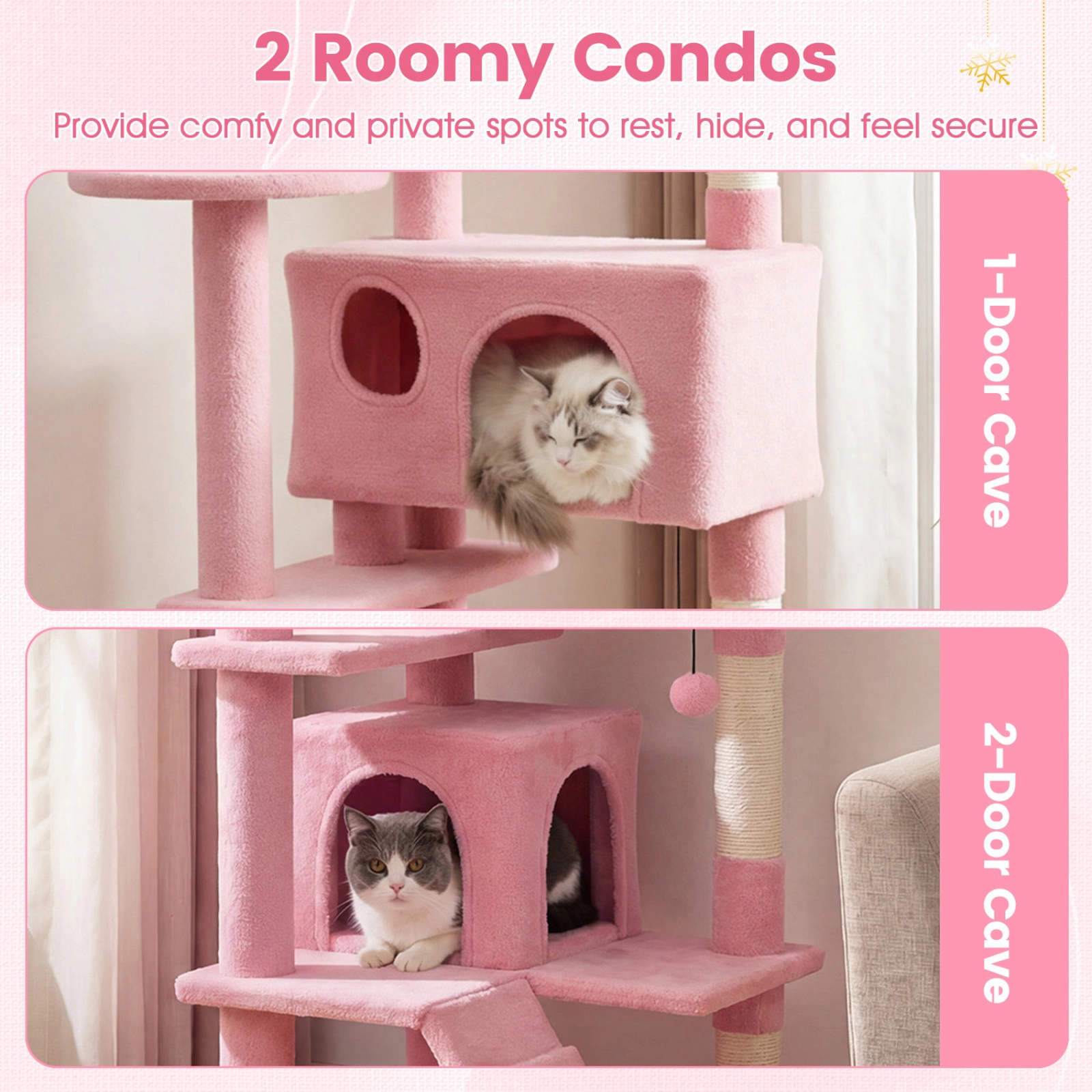 SUGIFT 52-in Pink Cat Tree Tower with Thick Padded 12-in Top Perch 2 Caves and Sisal Posts for Indoor Cats