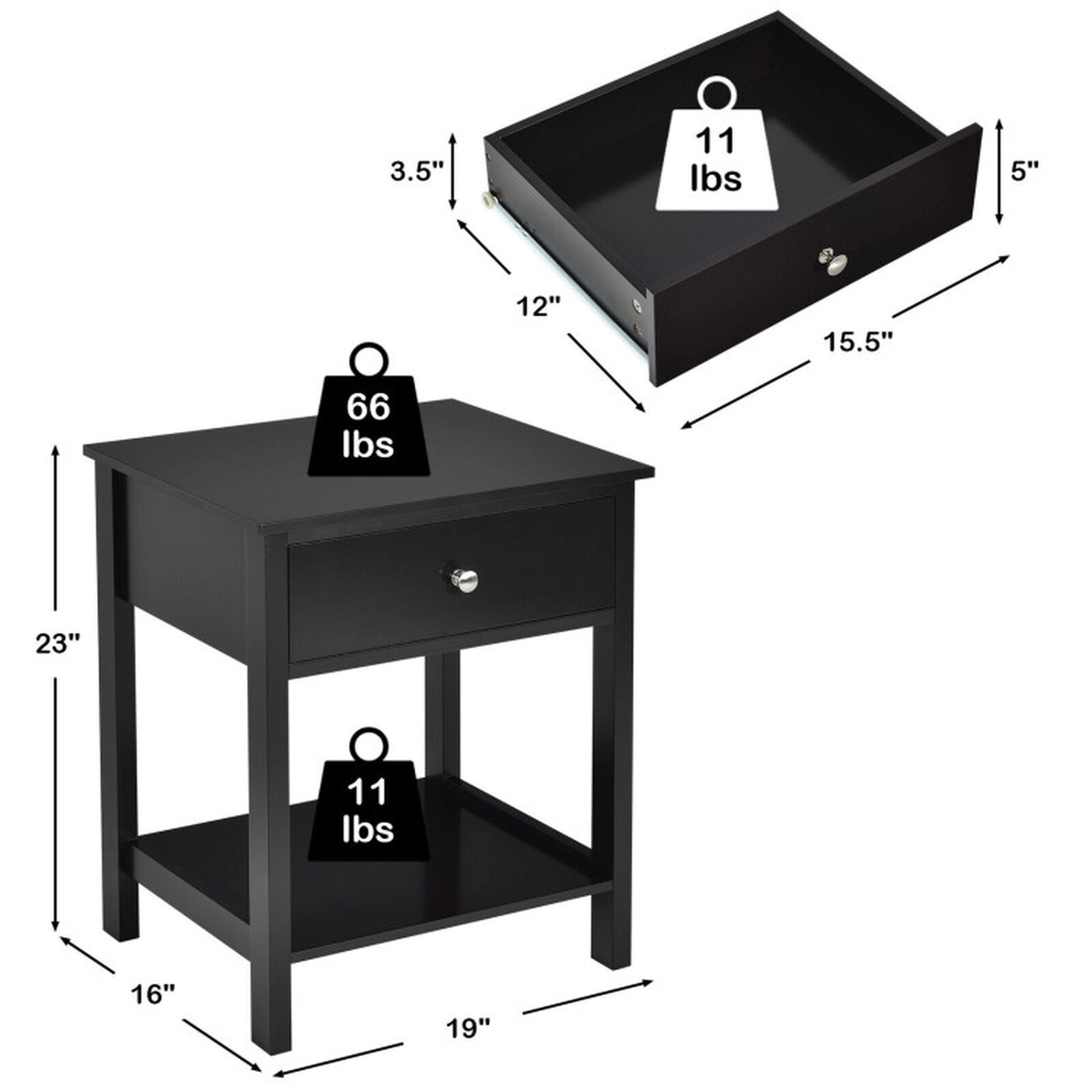 SUGIFT Modern Black Nightstand, 19-Inch Wooden Bedside Table with Drawer and Open Shelf