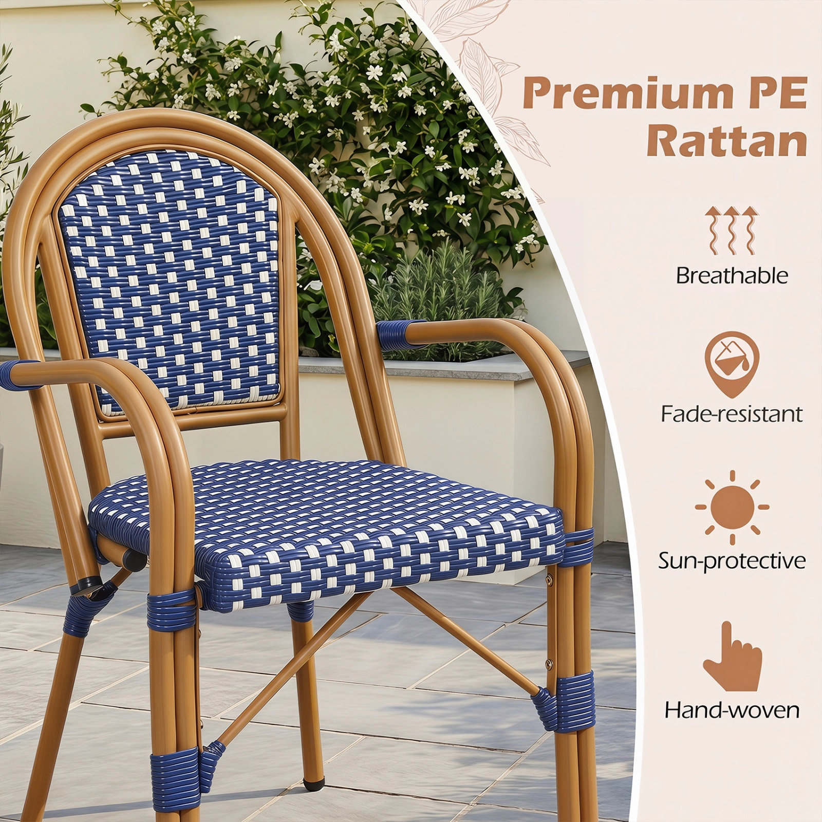 SUGIFT Set of 2 PE Wicker French Bistro Patio Chairs, Blue and White