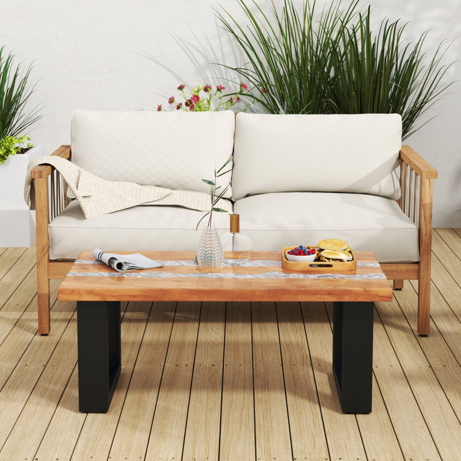 SUGIFT Teak Wood Patio Coffee Table with River Feel HDPE Tabletop 46-lb Tabletop Capacity Natural
