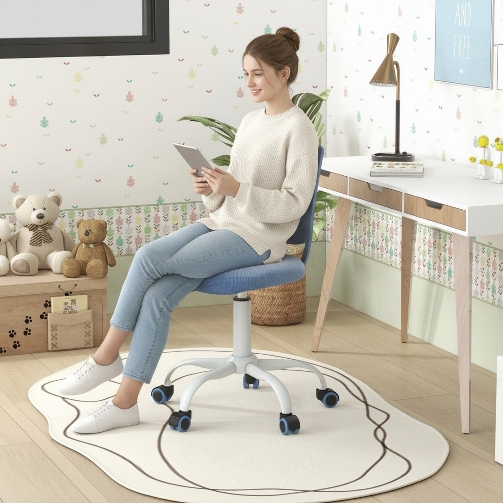 SUGIFT Blue Kids Armless Mesh Desk Chair, Adjustable Height, Rolling 5-Star Base