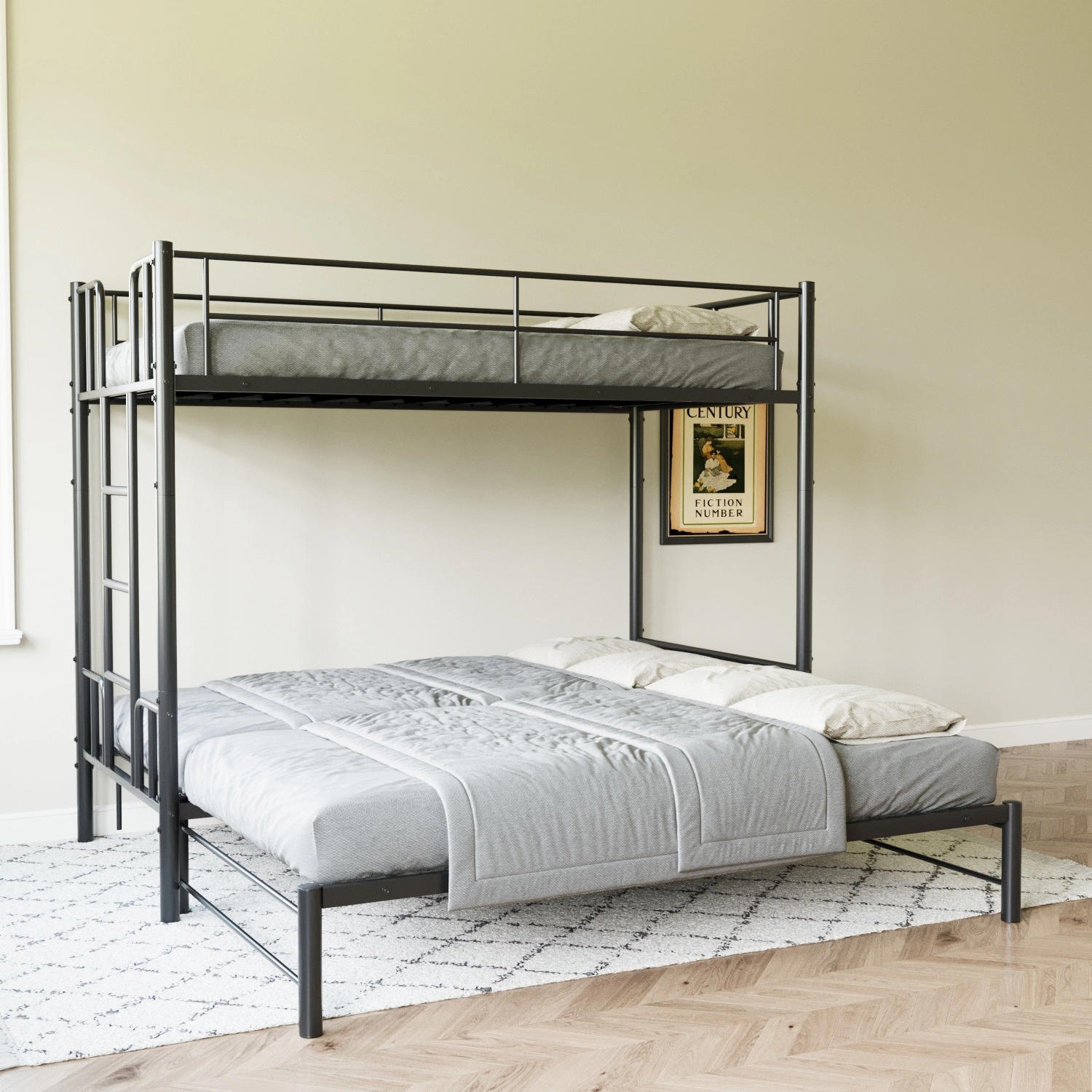 Flynama Twin Metal Pull-Out Bunk Bed with Guardrail & Ladder, Space Saving, Black