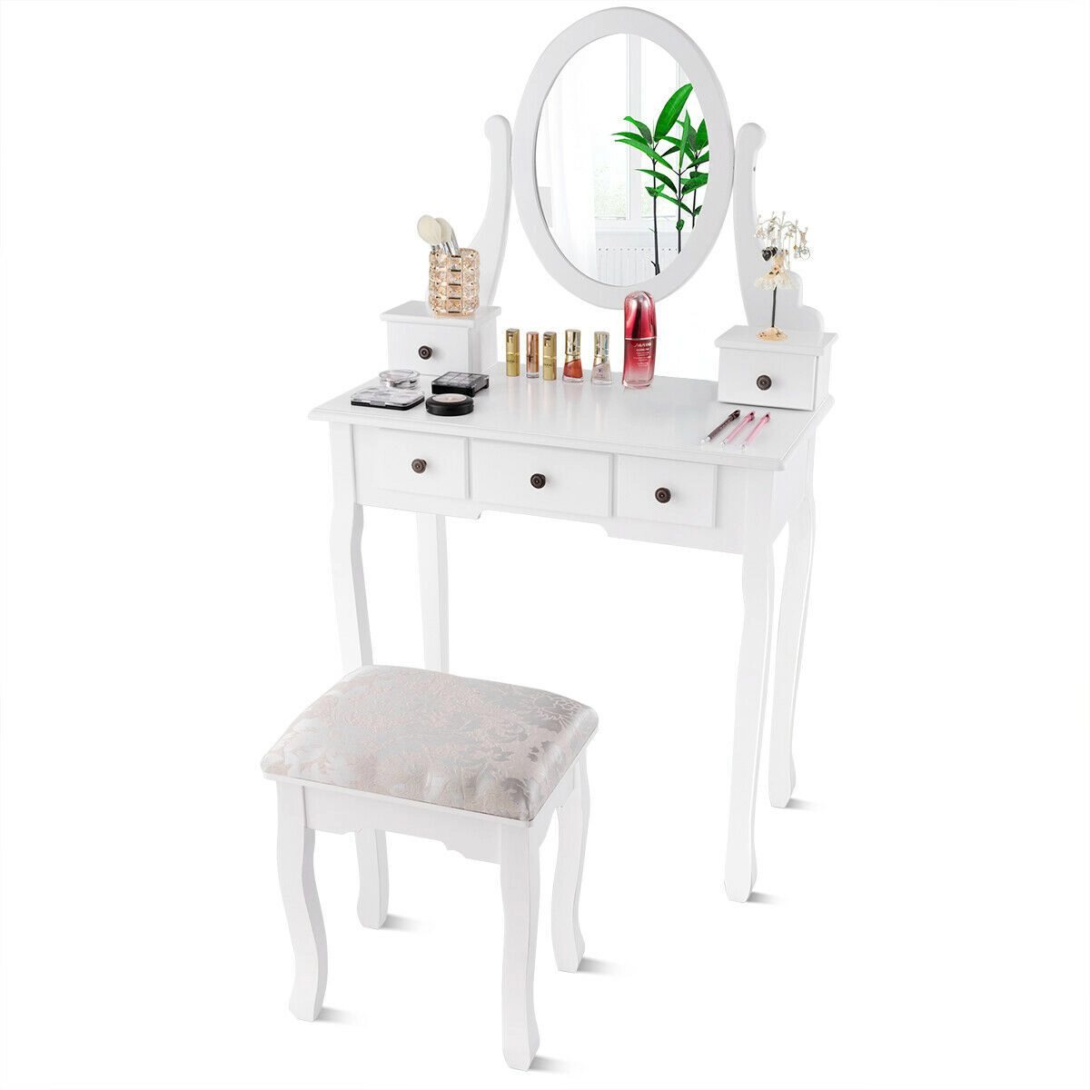 SlickBlue White Makeup Vanity Set with Mirror, 5 Drawers & Stool