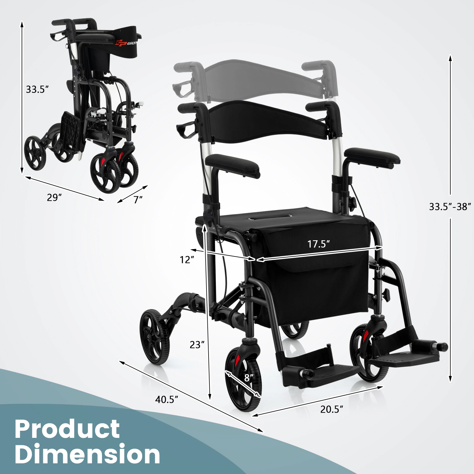 SUGIFT 2-in-1 Folding Aluminum Rollator Walker and Wheelchair with Seat and Wheels 300-lb Capacity 40.5-in Frame Black