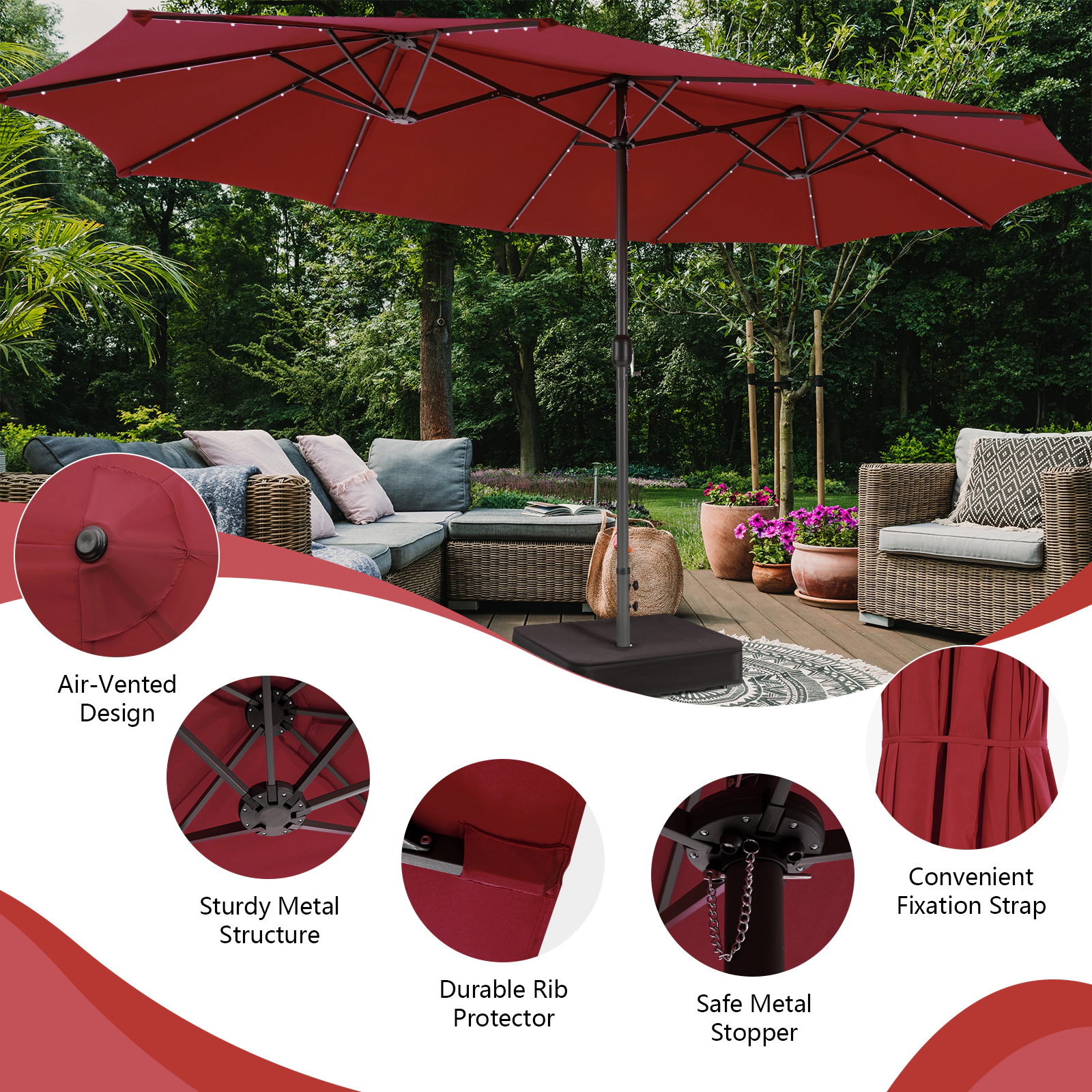 SUGIFT 15-ft Dark Red Double-Sided Patio Umbrella with 48 Solar LED Lights