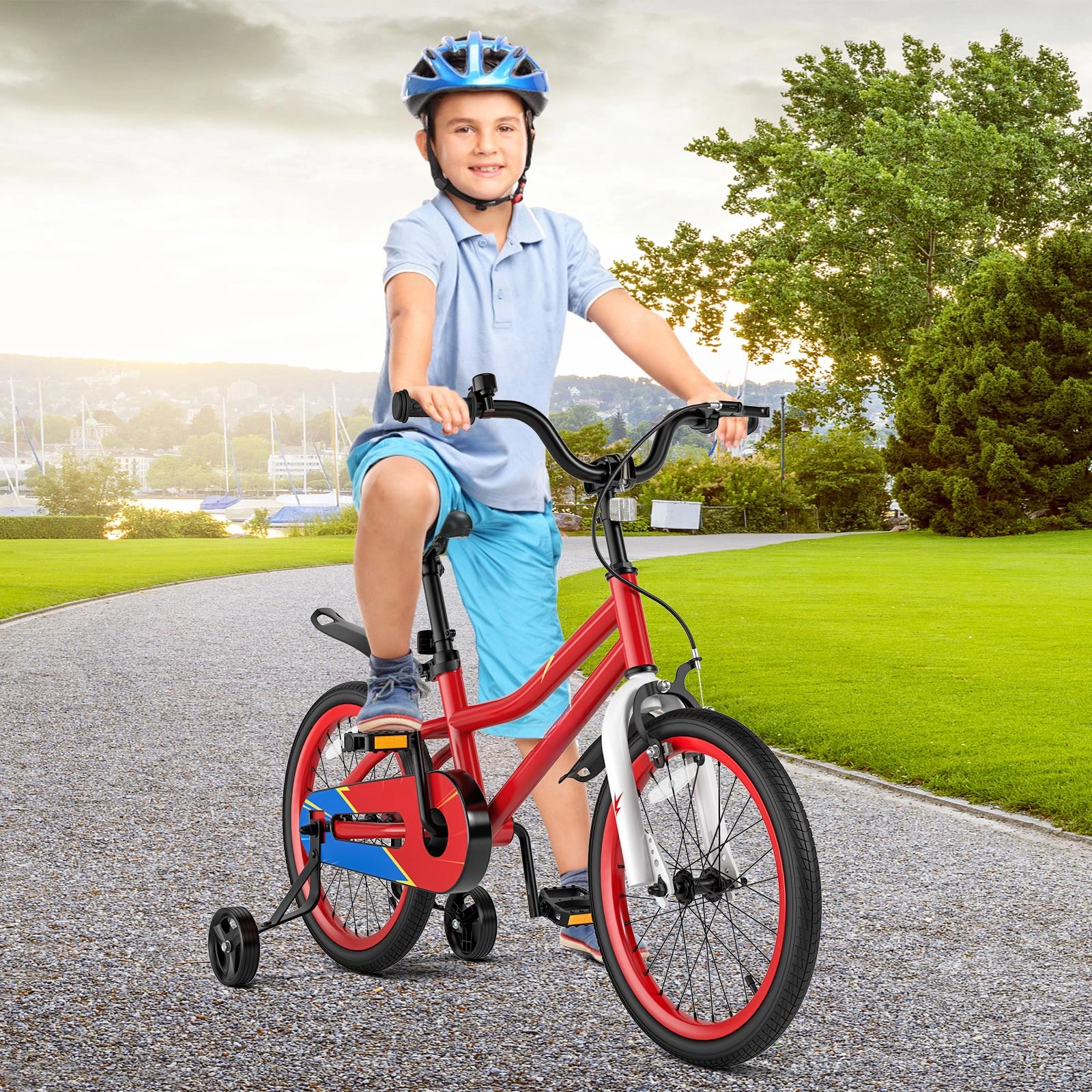 SUGIFT 18-in 99-lb Capacity Red Kids Bike with Removable Training Wheels Chain Guard and Storage Basket