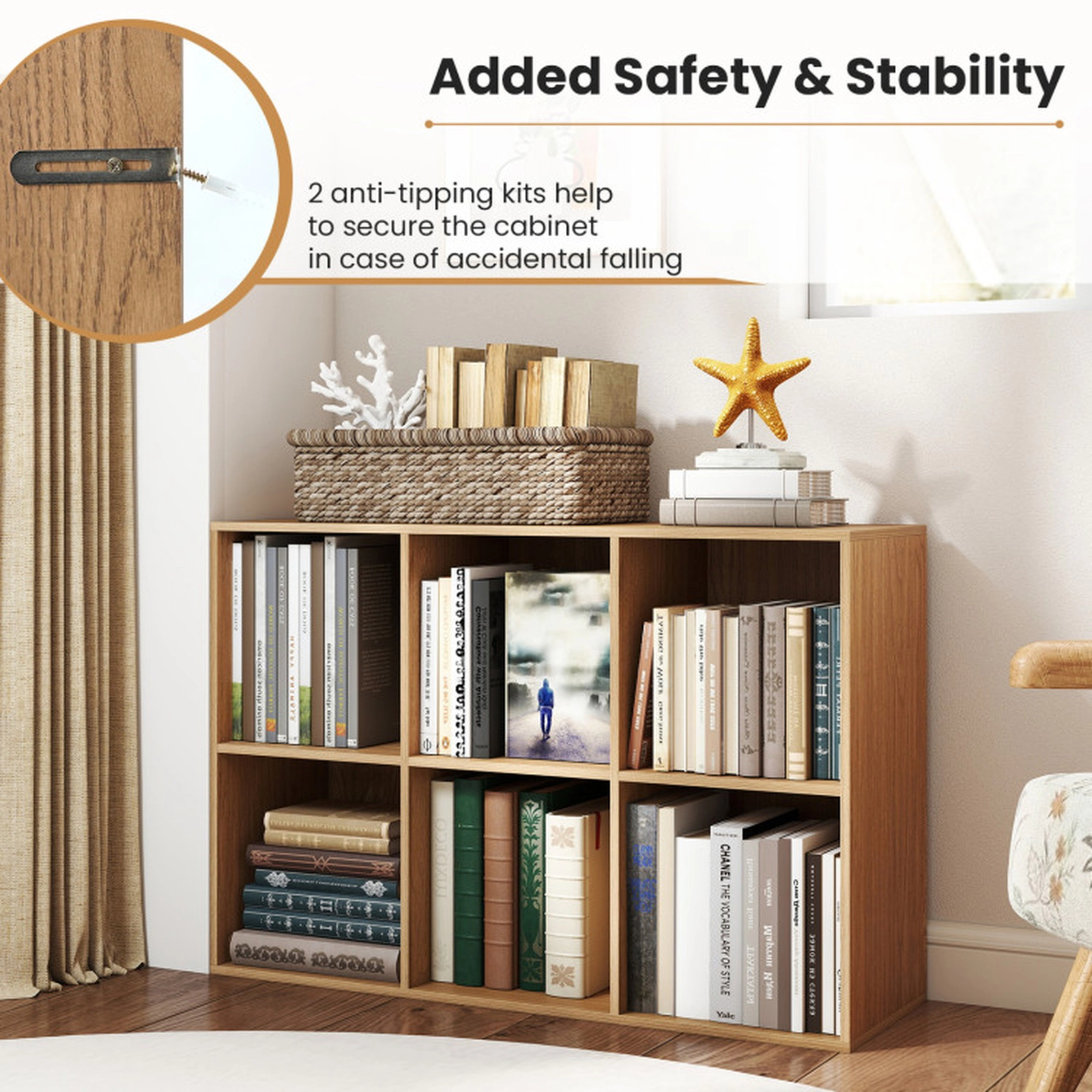 SUGIFT Modern 6-Cube Bookcase 132-lb Top Capacity with Anti-Tipping Kits for Bedroom Living Room Natural