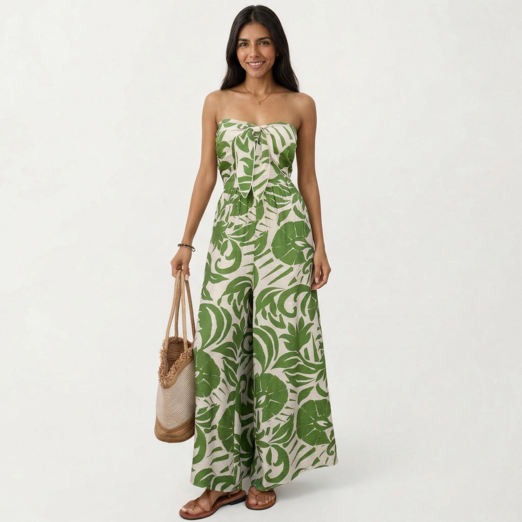Anna-Kaci Womens Strapless Tropical Print Wide Leg Jumpsuit with Front Tie