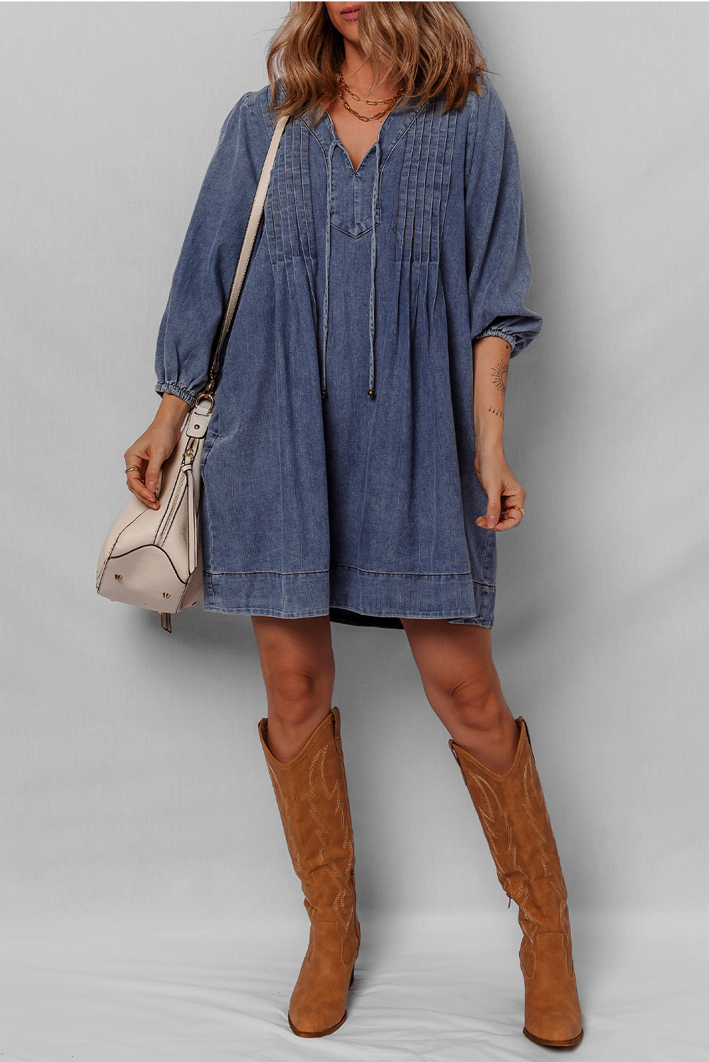 Threaded Pear Women's Autumn Tied Pleated Mini Dress