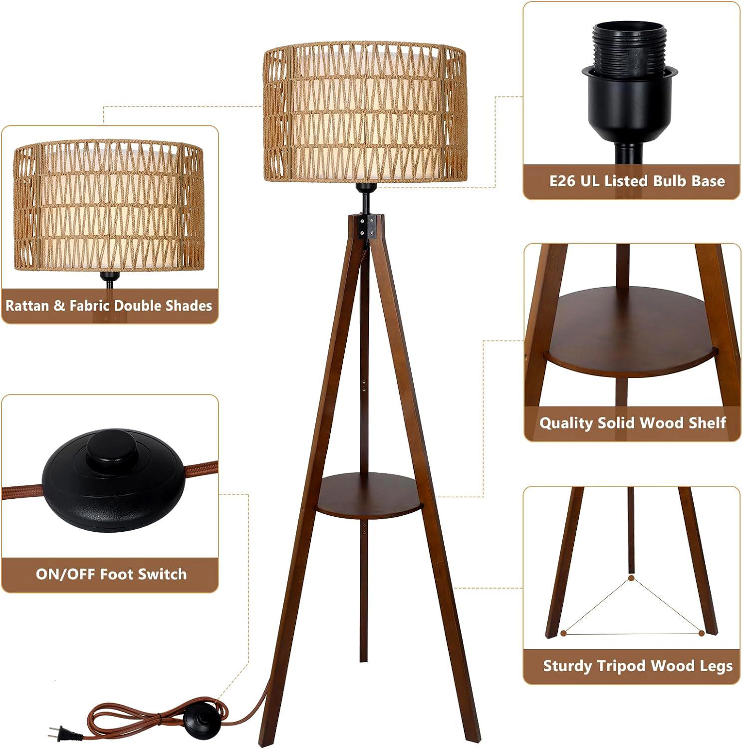 Mega Casa 59'' Tall Boho Tripod Floor Lamp with Wooden Shelf, Standing Lamp with Hand-Woven Rattan Shade