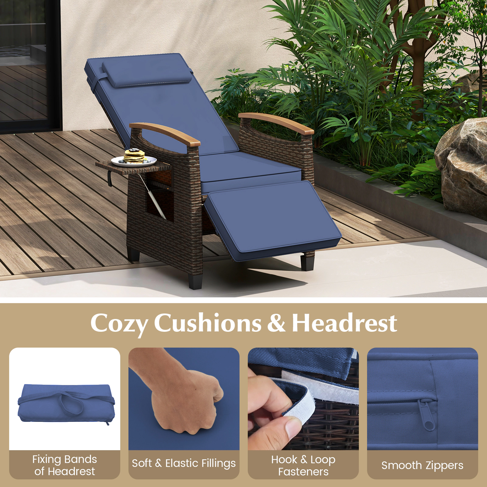 SUGIFT Side Table Navy Patio Wicker Recliner Chair 150-Degree Adjustable Backrest and Footrest