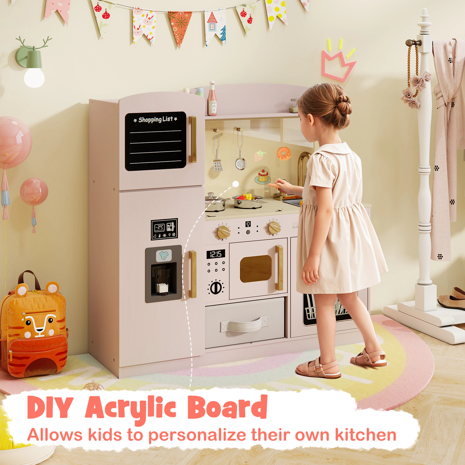 LJG Wooden Kids Kitchen Playset with Chalkboard Ice Maker Sink Lighted Microwave