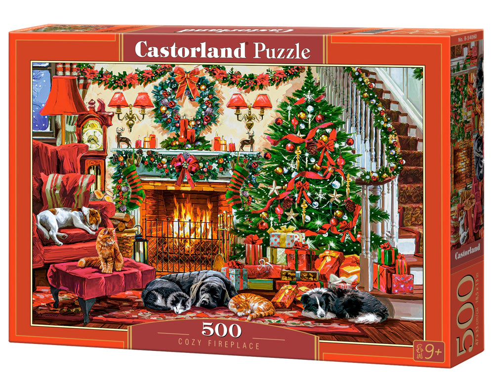 CASTORLAND 500 Piece Jigsaw Puzzles, Cozy Fireplace, Christmas living room, Decorated tree, Festive holiday, B-54060