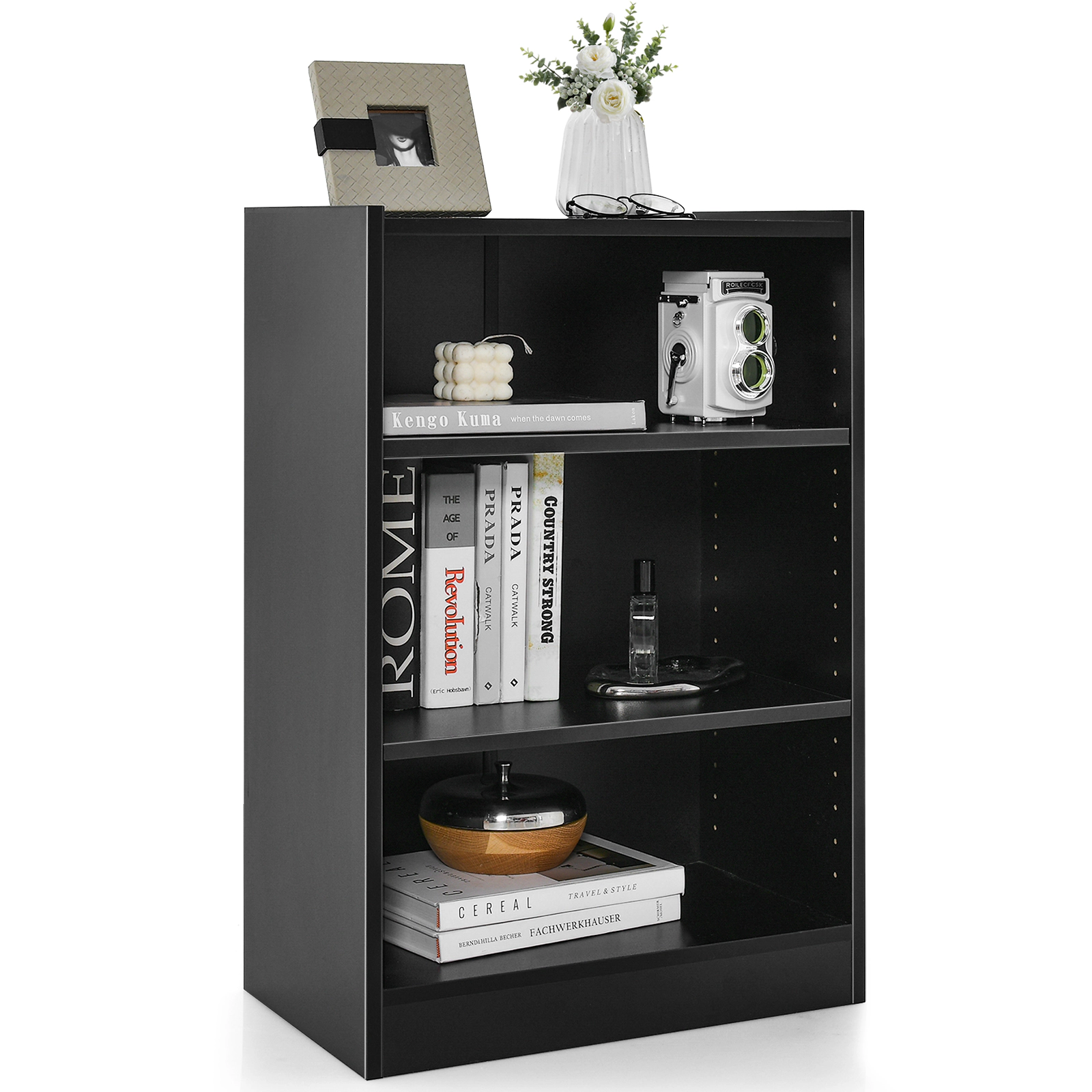 SUGIFT 3-Tier Black 29.5-in Small Bookshelf with 18-Position Adjustable Shelves and Open Display Rack
