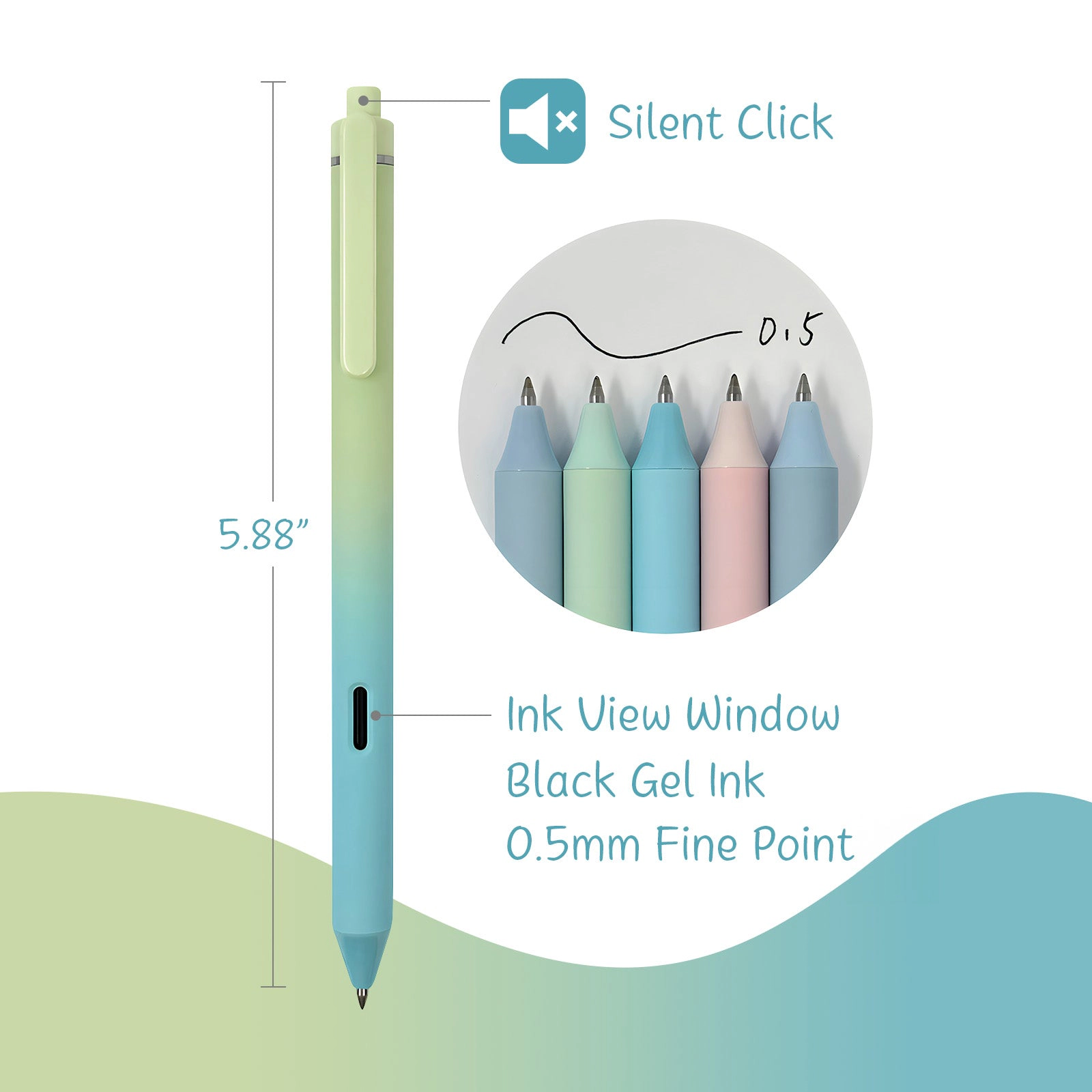Wrapables Whisper Fusion Silent Retractable Gel Pens, 0.5mm Fine Point Black Ink, Set of 5