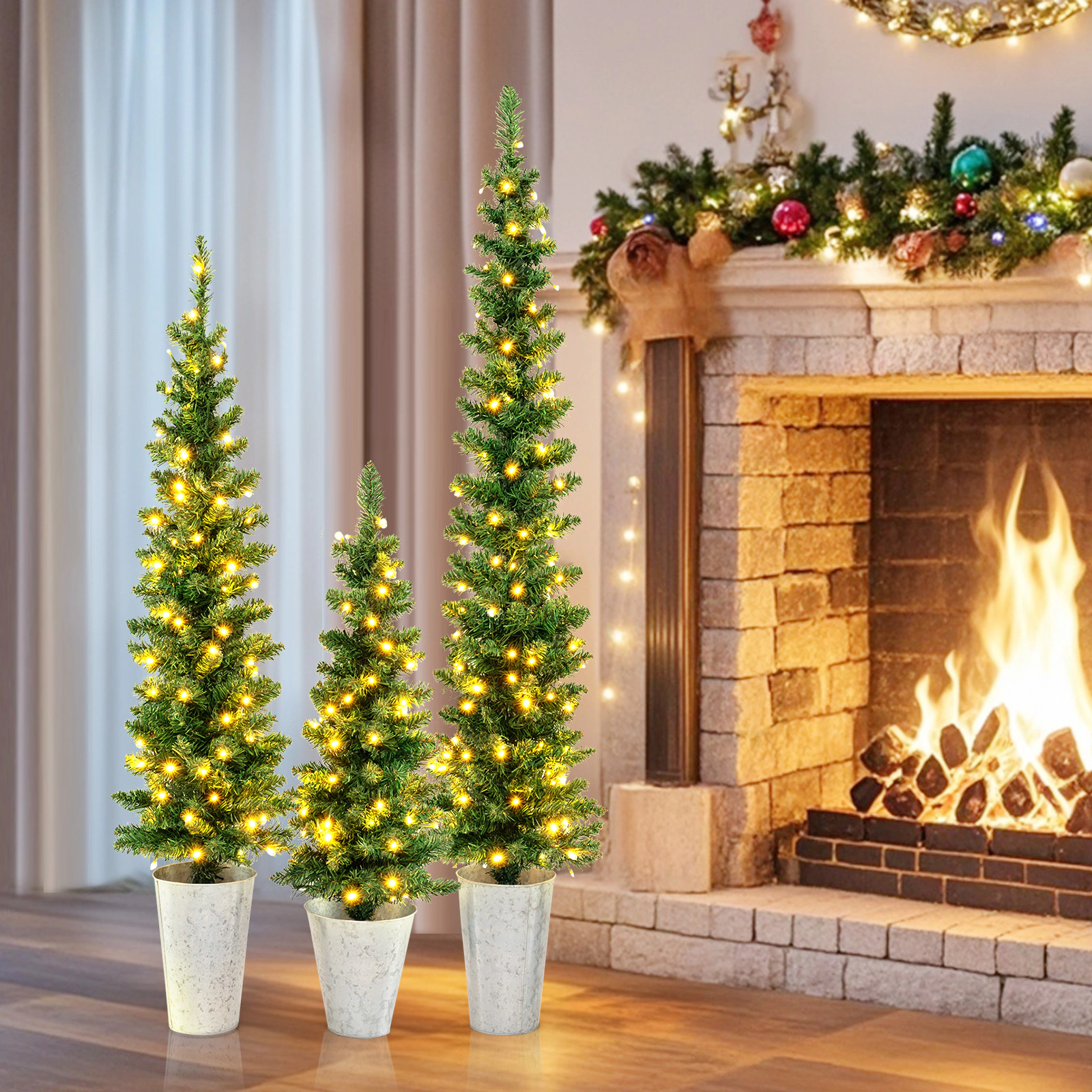LJG Set of 3 Pre-Lit Artificial Christmas Trees with 230 Warm White LED Lights