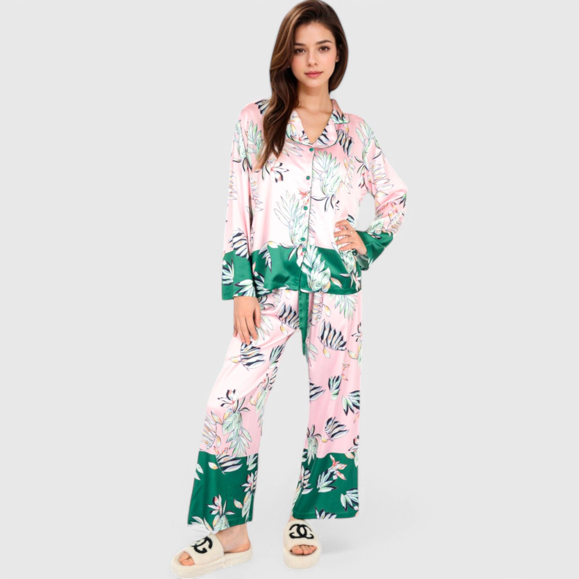 Anna-Kaci Women's Floral Satin Pajama Set with Button Up Long Sleeve Top and Matching Pants