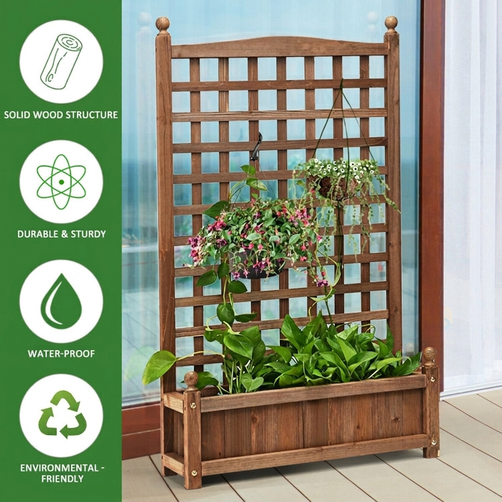 SUGIFT 48-in Tall Dark Brown Fir Wood Free Standing Planter Box with Climbing Trellis and Drain Hole