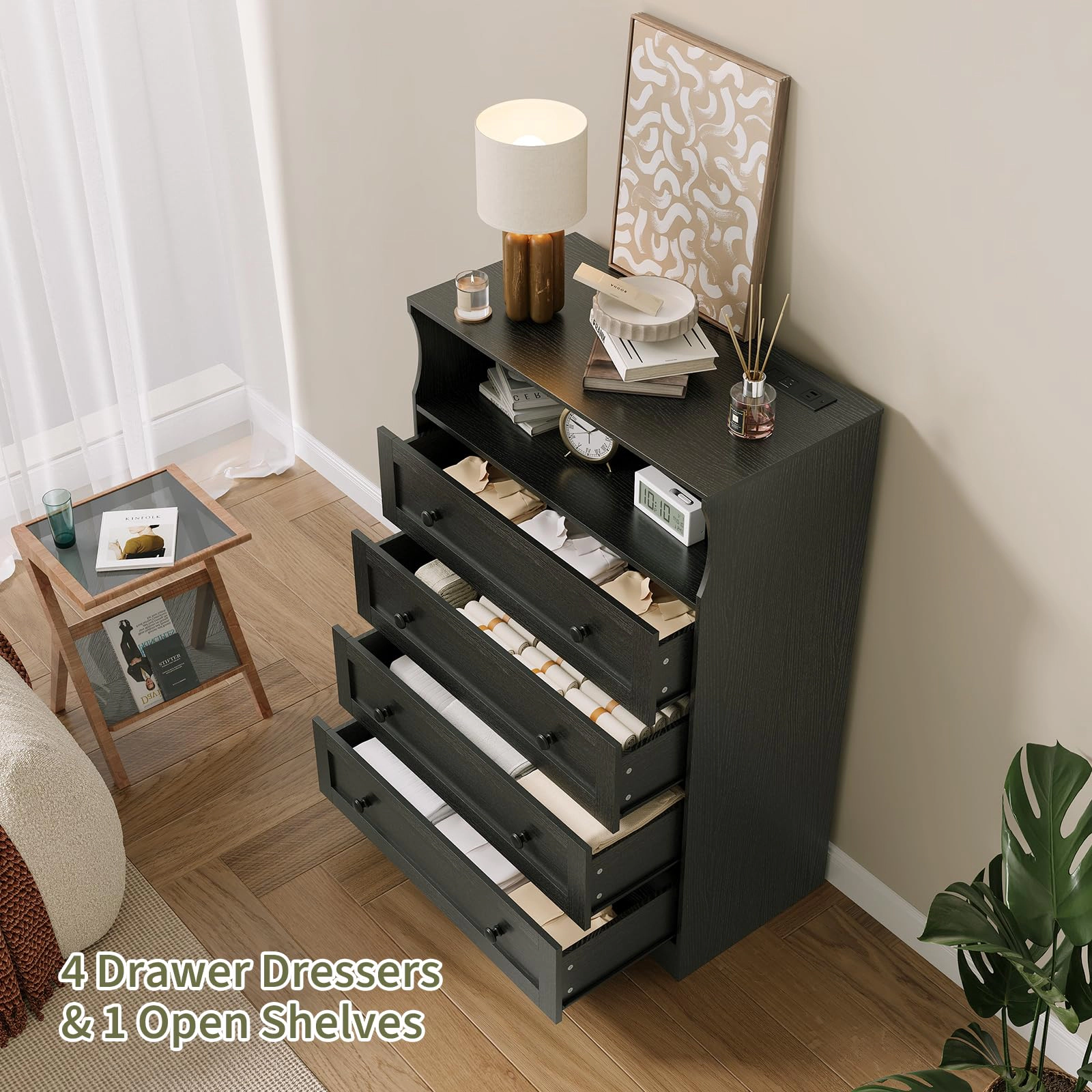 45.2" Tall 4 Drawer Dresser with LED Shelf & Charging Station, Wood Storage Chest